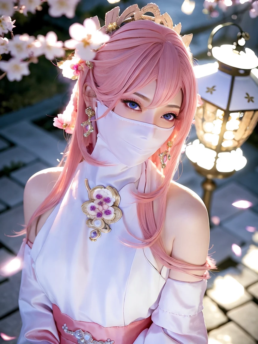 Highest quality, masterpiece, Ultra-high resolution, (Realistic:1.6), RAW photo from above, 1girl, (ulzzang-6500:0.725), (one beautiful woman:1.3), kpop idol, yae miko, detached sleeves, bare shoulders, pink hair, long hair, best quality, (photorealistic:1.2), (hair ornament:1.35), jewelry, purple eyes, earrings,, large breasts, torii, cherry blossoms, lantern light, depth of field, detailed face, face focus, (looking at viewer:1.25), shiny skin, long sleeves, wearing a face veil, (white face veil, silk mask veil face:1.2), game cg, thighhighs, hands on lips, east asian architecture, blurry background, full body, arms behind back, night day