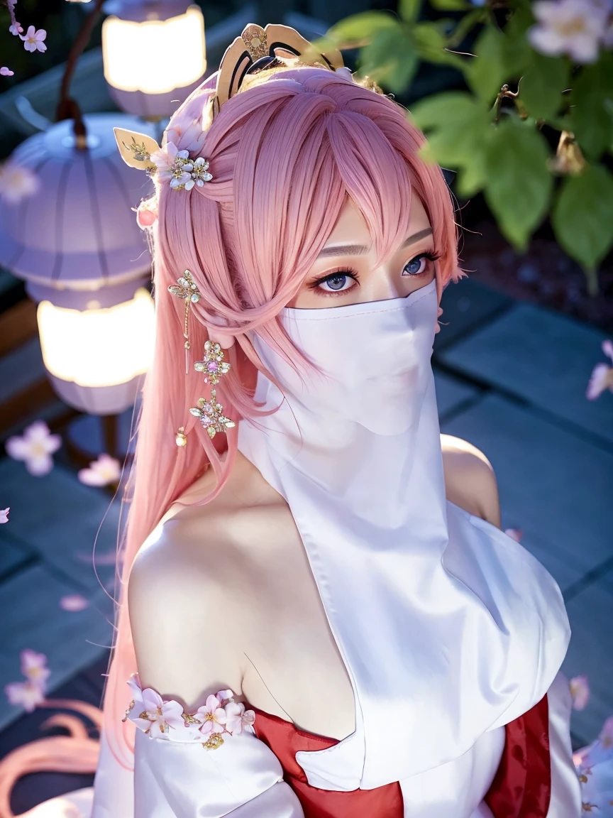 Highest quality, masterpiece, Ultra-high resolution, (Realistic:1.6), RAW photo from above, 1girl, (ulzzang-6500:0.725), (one beautiful woman:1.3), kpop idol, yae miko, detached sleeves, bare shoulders, pink hair, long hair, best quality, (photorealistic:1.2), (hair ornament:1.35), jewelry, purple eyes, earrings,, large breasts, torii, cherry blossoms, lantern light, depth of field, detailed face, face focus, (looking at viewer:1.25), shiny skin, long sleeves, wearing a face veil, (white face veil, silk mask veil face:1.2), game cg, thighhighs, hands on lips, east asian architecture, blurry background, full body, arms behind back, night day