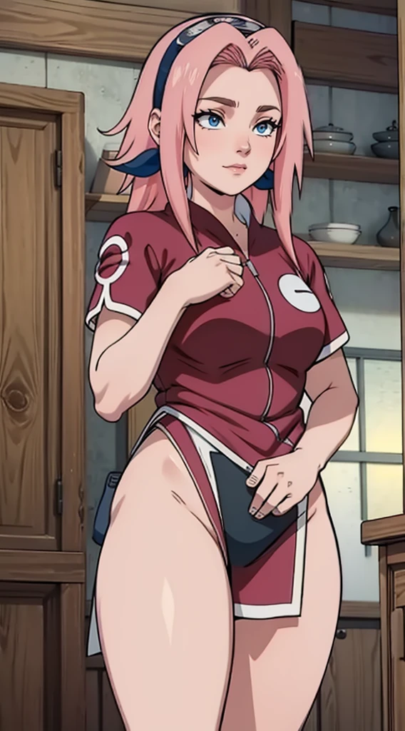 Haruno Sakura, long hair tied low, hair band, Pink hair, hana purple eyes, beautiful, beautiful woman, perfect body, (((thick thighs))), perfect breasts, wearing white pajamas, pajamas, sleepwear, in the kitchen, clear kitchen, looking at the audience, a slight smile, realism, masterpiece , textured leather, super detail, high detail, high quality, best quality, 1080p, 16k