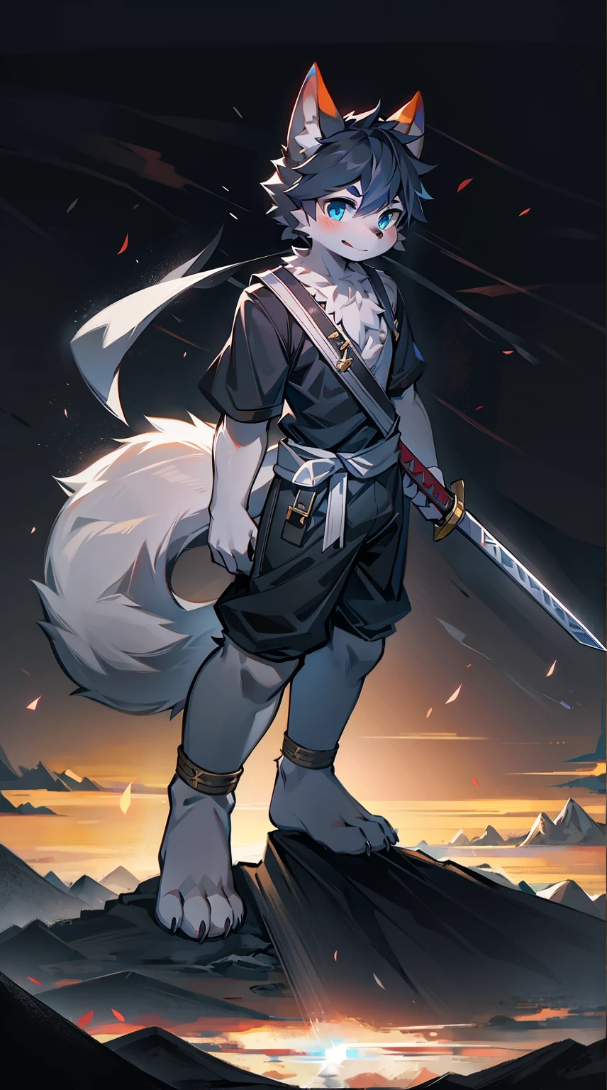 White Wolf,black hair,Sky blue eyes,hairy,Wolf ears,Wolf tail,Full body portrait,The character is in the center of the frame,Handsome,Confident eyes,male,juvenile,Black and white combat uniform,Red neck bib,Black shorts,Short sleeve,hairy arms and legs,Dark background,Dark battlefield,dawn,sunrise,dawn,illumination,shadow,Swordsman,Scabbard and sword,Hold the hilt of a sword in your hand,The scabbard is at the waist,Highest quality