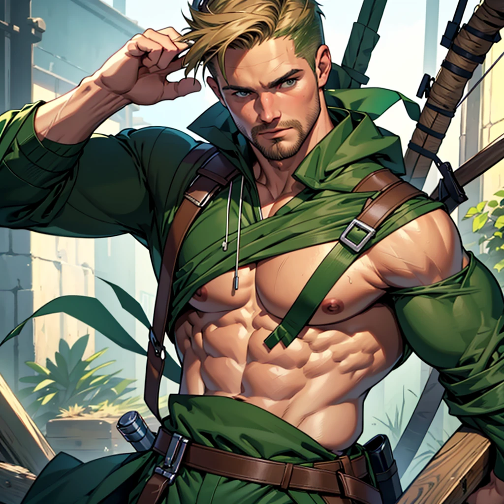 8k, high quality , detailed face , detailed fingers ,detailed muscles  stephen amell as green arrow , wearing dark green outfit   , showing a dark blond short hair , a thick facial hair , hard nipples, a bulge ,hunk and handsome, aiming with his bow and arrow toward the ennemy