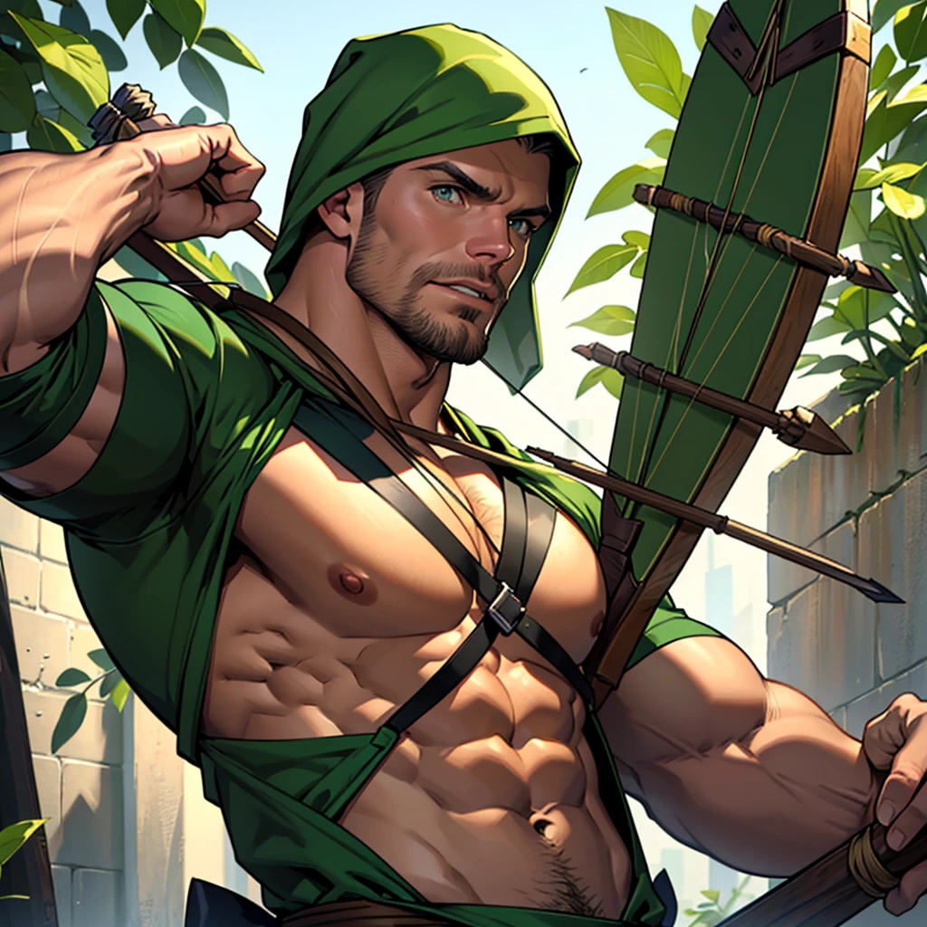 8k, high quality , detailed face , detailed fingers ,detailed muscles  stephen amell as green arrow , wearing dark green outfit   , showing a dark blond short hair , a thick facial hair , hard nipples, a bulge ,hunk and handsome, aiming with his bow and arrow toward the ennemy