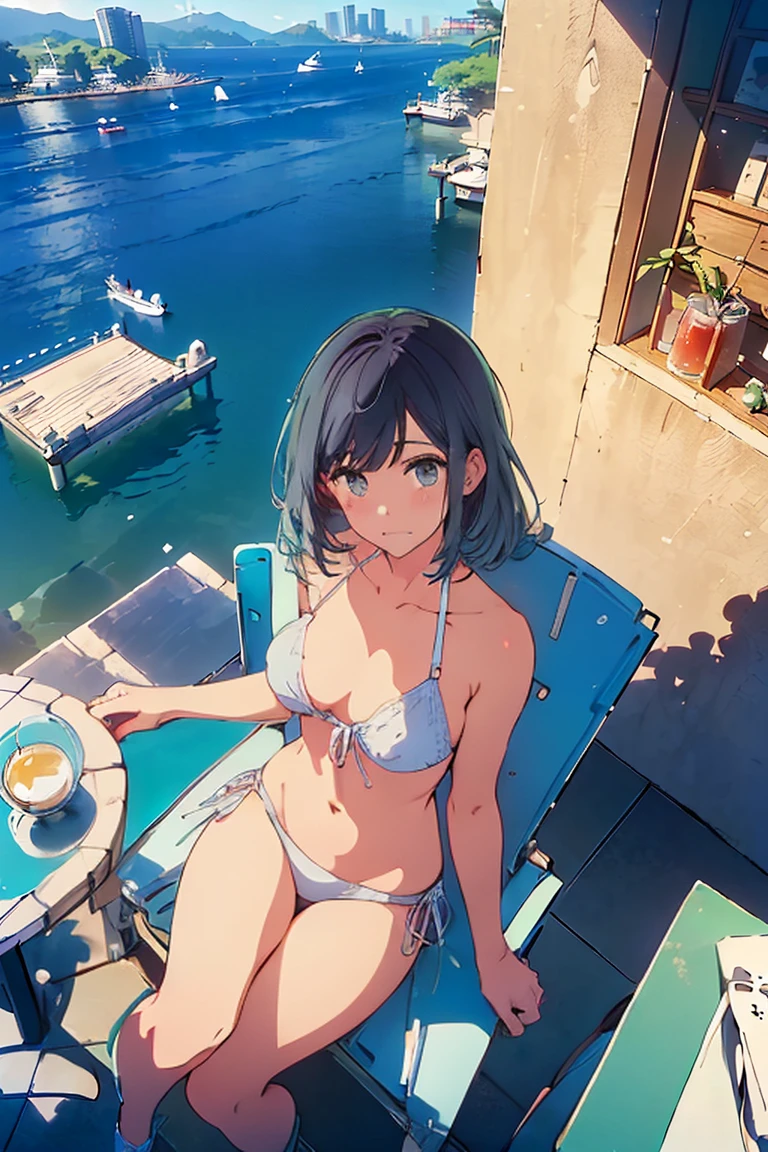 (Highest quality:1.4、8k:1.4,detailed),F cup bust、Big Breasts、Slim and beautiful arms、Slim body、Very white beautiful skin、((((1 person、smile、Swimwear、smile、sit、Chair、In the background are the urban buildings of Tokyo、Outdoor café terrace、coastal、Navy hair color、juice、table、She is wearing a white side-string high-leg bikini、Touching the chest、Shot from slightly above、Looking up、Very cute face))))、looking at the camera、Very beautiful face、Very blue sky、A completely cloudless sky、She tilted her head slightly、The atmosphere is bright and lively、The woman is at the center of the image。