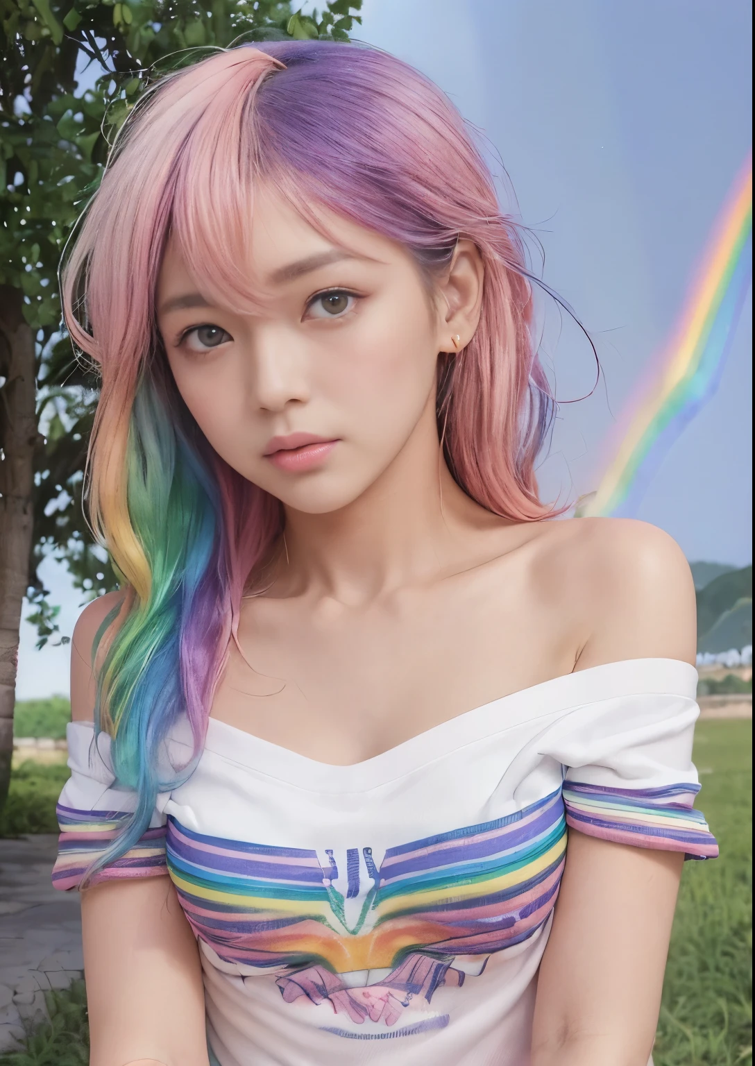 (Pink Fashion T-Shirt:1.9)、pastel、(colorfulな髪:1.8)、(All the colors of the rainbow:1.8)、((((Portrait:1.6)))、(Picturesque:1.6)、front、Big eyes、Transparent eyes、(虹色のGradationの高いポニーテール:1.7)、Exquisite makeup、Shut your mouth.、(Small freshness:1.5)、(Wipe the chest:1.6)、Long-term、A teary-eyed man wearing a white off-the-shoulder T-shirt、(Rainbow Hair:1.6)、An explosion of colors、Messy Lines、((Shine))、(colorful)、シックなpaintスタイル、(Splashes of color)、Portrait、NSFW、paintの飛沫、Acrylic Pigments、Gradation、Depth of written boundary、フェイスpaint、colorfulな服、(elegant: 1.2)、gorgeous、Long Hair、Wind、 (elegant: 1.3)、(petal: 1.4)、(((Masterpiece)))、(((Highest quality)))、((Super detailed))、(Dynamic Angle)、((plankton))、(paint)、((Disheveled Hair))、(solo)、((Beautifully detailed face))、Shoulder pain、White Hair、((colorfulな髪))、(((Striped Hair))、Beautifully detailed eyes、(Gradationカラーの目)、((Camel Toe))、(colorfulな背景))))、((((High chroma))))、(((colorfulな水しぶきに囲まれて)))