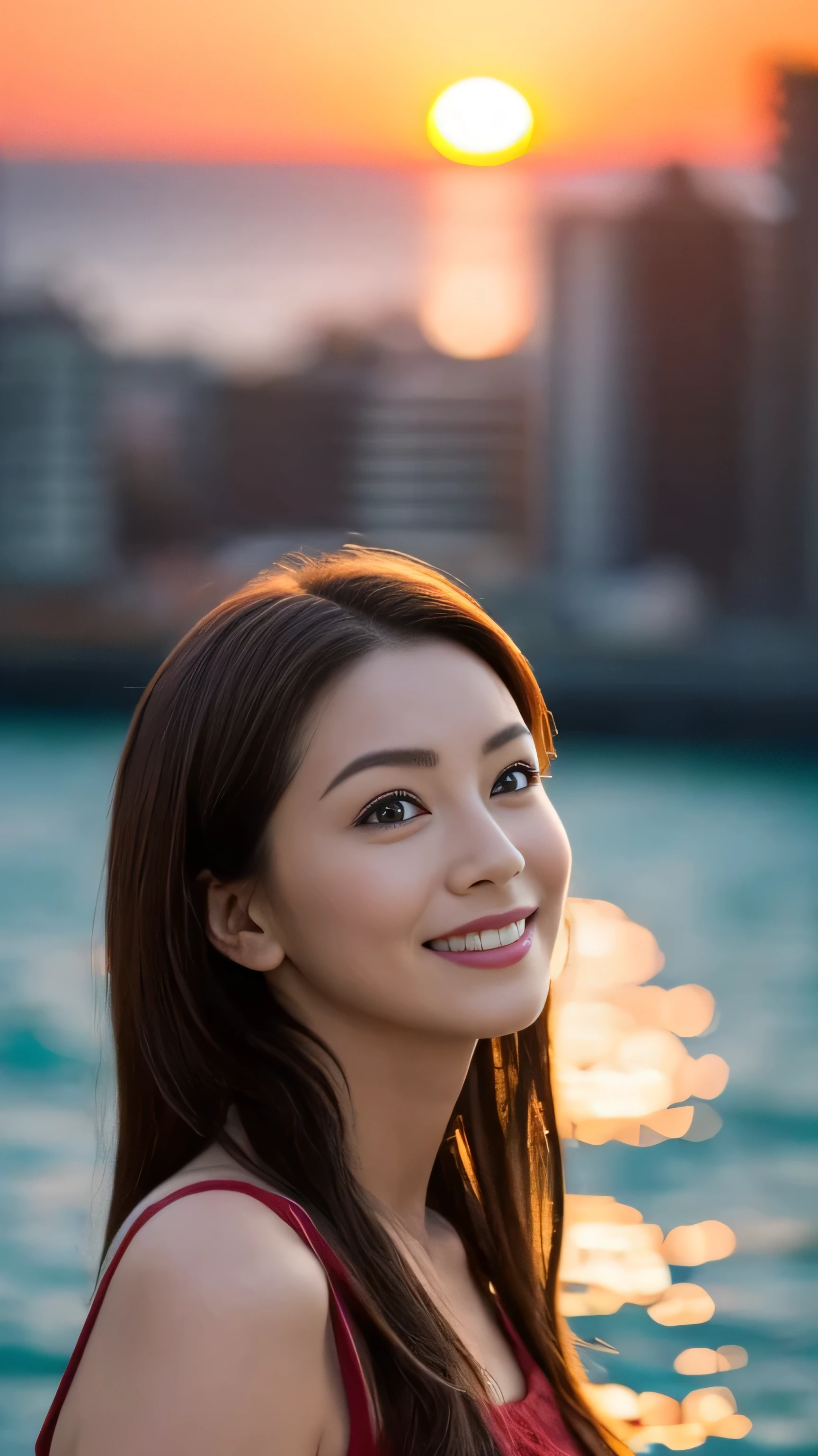 (A photo of one woman:1.5)1 girl, (Random season random color outfit:1.2), (Very beautiful British actress:1.5),
(RAW Photos, highest quality), (Realistic, Photorealistic:1.4), Tabletop,
Very delicate and beautiful, Very detailed, 2k wallpaper, wonderful,
finely, Very detailed CG Unity 8K wallpaper, Very detailed, High resolution, Soft Light,
Beautiful detailed girl, Very detailed目と顔, Beautiful and detailed nose, Finely beautiful eyes, Cinema Lighting,
Distant view of the buildings, (Sunset on the horizon:1.4),
Bright Red Sunset, Sunset reflected on the surface of the water,
Complete Anatomy, Slender body, small, smile,
Pan Focus