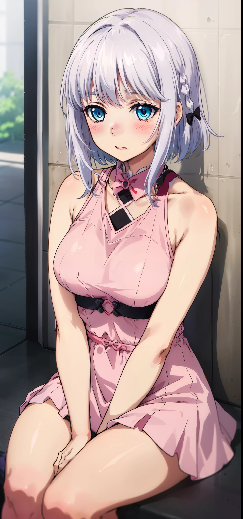 1 girl, kanon kanase, , blush, medium breasts, sleeveless,((stylish outfit,pink dress)), sitting, 20-year-old, healthy skin. Upper_body.