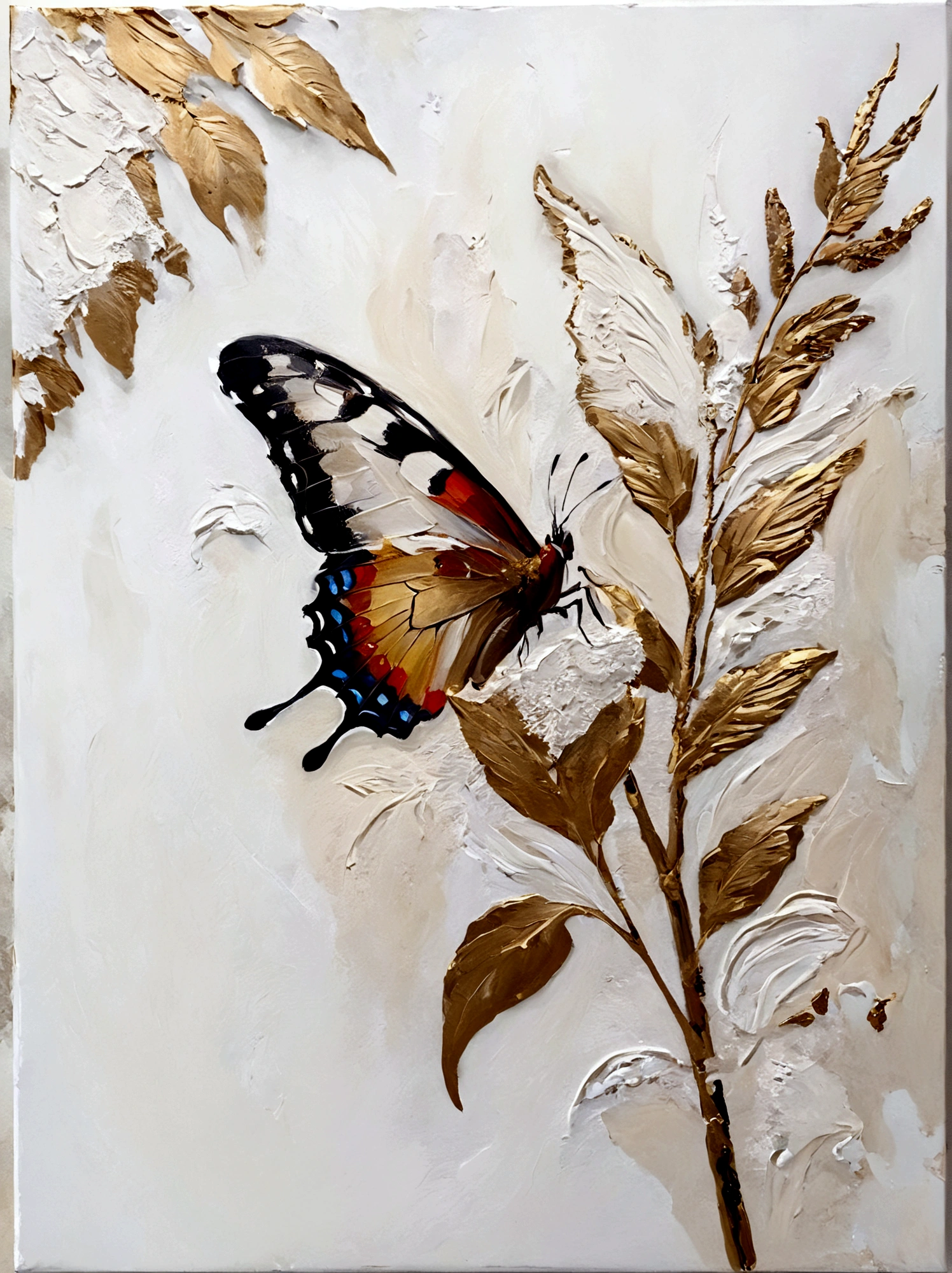 A butterfly，Gold Leaf，vanilla，bright，White background，real，emotion，Thick textured paint, 