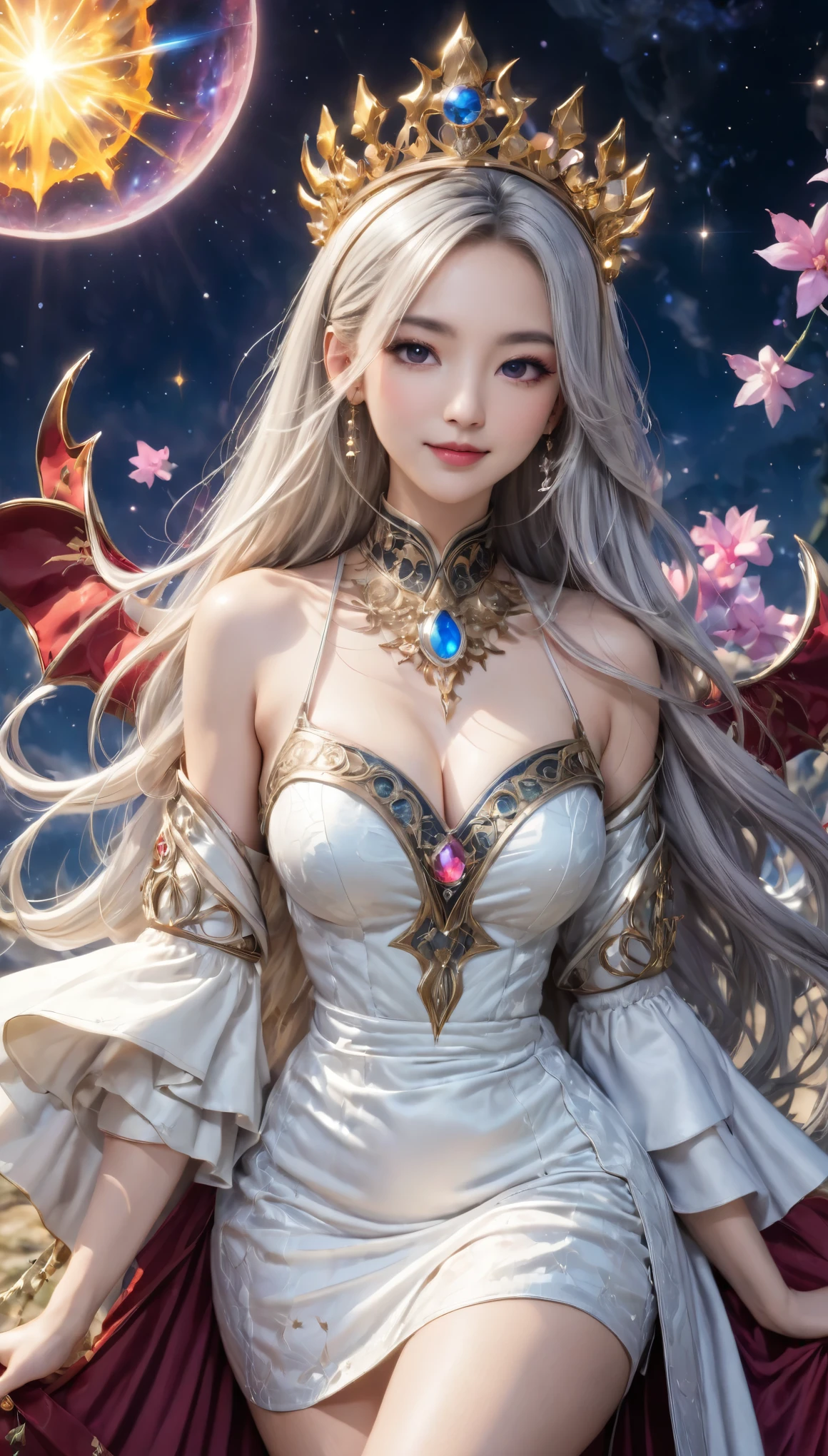 8K resolution, masterpiece, Highest quality, Award-winning works, unrealistic, From above, erotic, sole sexy lady, healthy shaped body, 22 years old, black mage, 165cm tall, huge firm bouncing busts,, white silver long wavy hair, Detailed facial depictions, Break, god秘的な青い瞳, Standard nose, Eyeliner, pink lips, sexy long legs, Clear skin, holy knight, Gothic ruffle long dress, A dress with a complex structure, Seven-colored colorful dress, Clothed in flames, royal coat of arms, elegant, Very detailed, Delicate depiction of hair, miniature painting, Digital Painting, artステーションコンセプトart, Smooth, Sharp focus, shape, artジャム、Greg Rutkowski、Alphonse Mucha、William Adolphe Bouguereau、art:Stephanie Law , Royal Jewel, nature, Symmetric, Greg Rutkowski, Charlie Bowwater, Unreal, Surreal, Dynamic Lighting, ファンタジーart, Complex colors, Colorful magic circle, flash, dynamic sexy poses, A kind smile, Mysterious Background, Aura, A gentle gaze, BREAK, Small faint lights and flying fireflies, night, lanthanum, 山の頂From above下界を見下ろす, Starry Sky, milky way, nebula, shooting star, god々A sacred staff that emits a brilliant light, Back view, Looking back towards the camera