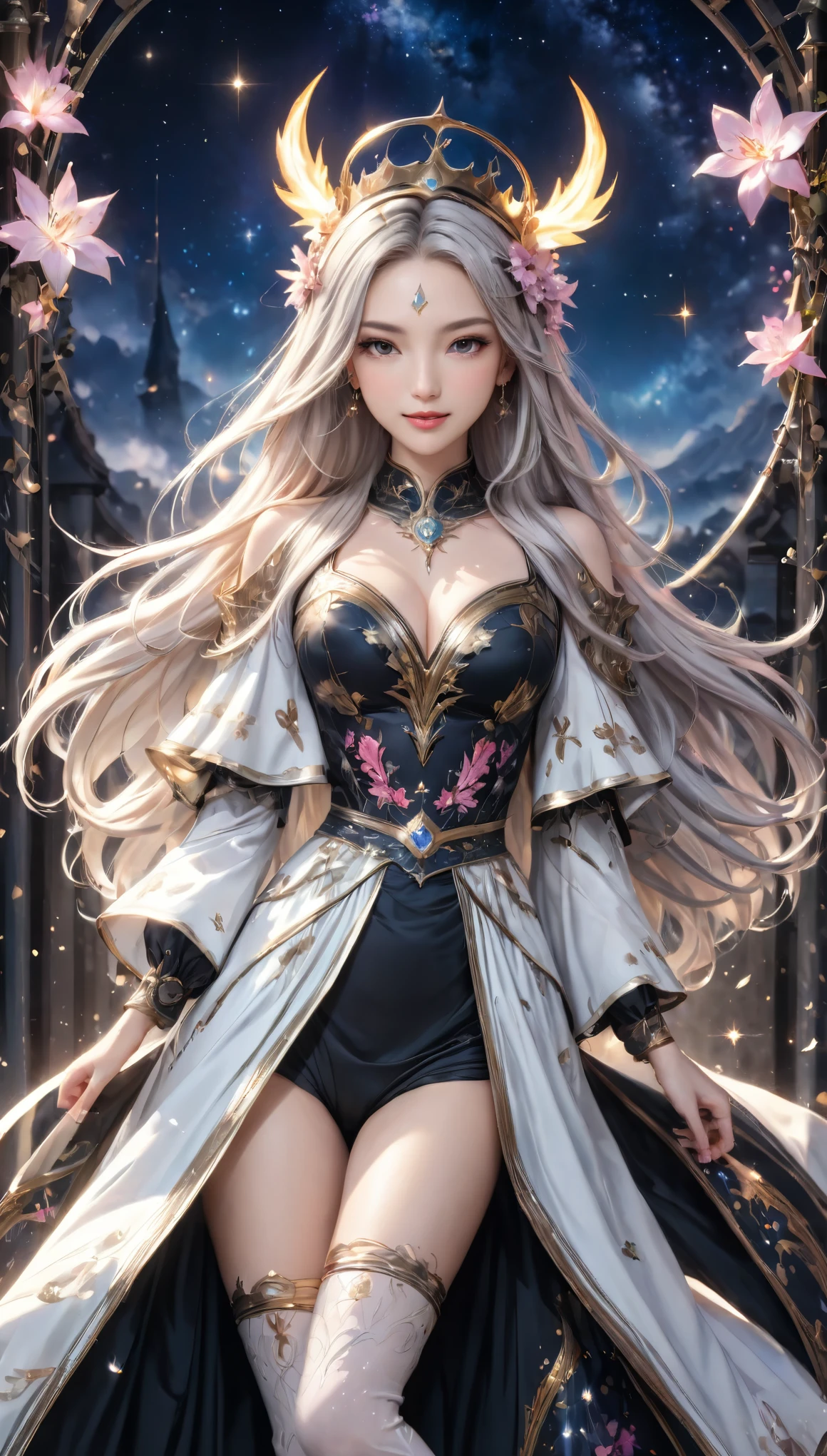 8K resolution, masterpiece, Highest quality, Award-winning works, unrealistic, From above, erotic, sole sexy lady, healthy shaped body, 22 years old, black mage, 165cm tall, huge firm bouncing busts,, white silver long wavy hair, Detailed facial depictions, Break, god秘的な青い瞳, Standard nose, Eyeliner, pink lips, sexy long legs, Clear skin, holy knight, Gothic ruffle long dress, A dress with a complex structure, Seven-colored colorful dress, Clothed in flames, royal coat of arms, elegant, Very detailed, Delicate depiction of hair, miniature painting, Digital Painting, artステーション, コンセプトart, Smooth, Sharp focus, shape, artジャム、Greg Rutkowski、Alphonse Mucha、William Adolphe Bouguereau、art：Stephanie Law , Royal Jewel, nature, Symmetric, Greg Rutkowski, Charlie Bowwater, Unreal, Surreal, Dynamic Lighting, ファンタジーart, Complex colors, Colorful magic circle, flash, dynamic sexy poses, A kind smile, Mysterious Background, Aura, A gentle gaze, BREAK, Small faint lights and flying fireflies, night, lanthanum, 山の頂From above下界を見下ろす, Starry Sky, milky way, nebula, shooting star, god々A sacred staff that emits a brilliant light, Back view, Looking back towards the camera