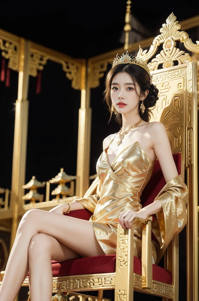 (((best quality))),(((ultra detailed))),(((masterpiece))),illustration,1 girl,solo,slim,thin,shoulder length straight bob hair,earrings,necklace,small breasts,flat chest,slender legs,high heels,Asian appearance,princess,royal,Chinese palace,night scene,magnificent dragon gown,golden crown,intricate embroidery,luxurious fabric,precious stones,(sitting on the metallic throne:1.3),decorative patterns,rich decorations,luxurious furnishings,regal charm,beautiful face,gentle smile,bright eyes,historical,traditional,city lights,modernity,frozen moment,beauty of the past,evolution of time,from front,full body,arms behind back