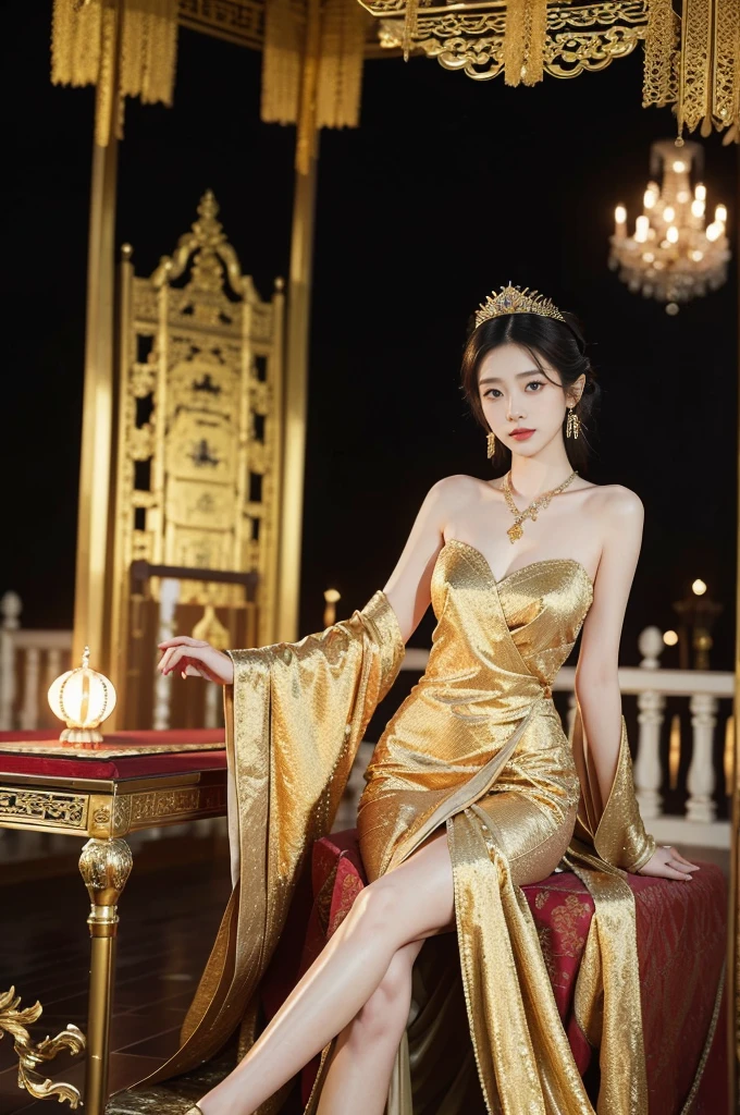 (((best quality))),(((ultra detailed))),(((masterpiece))),illustration,1 girl,solo,slim,thin,shoulder length straight bob hair,earrings,necklace,small breasts,flat chest,slender legs,high heels,Asian appearance,princess,royal,Chinese palace,night scene,magnificent dragon gown,golden crown,intricate embroidery,luxurious fabric,precious stones,(sitting on the metallic throne:1.3),decorative patterns,rich decorations,luxurious furnishings,regal charm,beautiful face,gentle smile,bright eyes,historical,traditional,city lights,modernity,frozen moment,beauty of the past,evolution of time,from front,full body,arms behind back