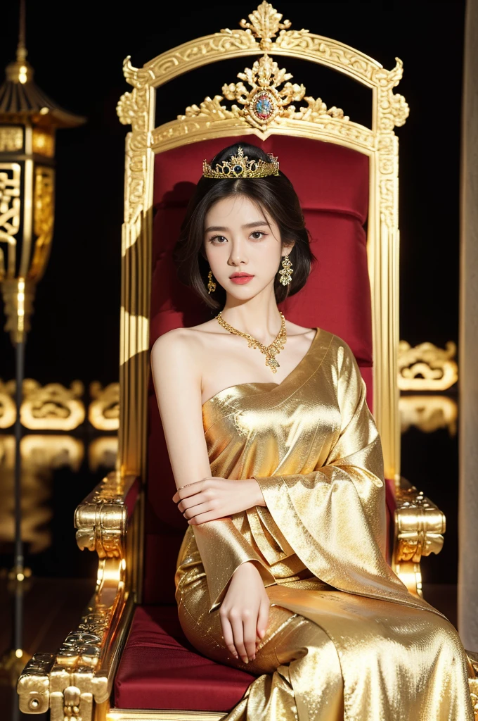 (((best quality))),(((ultra detailed))),(((masterpiece))),illustration,1 girl,solo,slim,thin,shoulder length straight bob hair,earrings,necklace,small breasts,flat chest,slender legs,high heels,Asian appearance,princess,royal,Chinese palace,night scene,magnificent dragon gown,golden crown,intricate embroidery,luxurious fabric,precious stones,(sitting on the metallic throne:1.3),decorative patterns,rich decorations,luxurious furnishings,regal charm,beautiful face,gentle smile,bright eyes,historical,traditional,city lights,modernity,frozen moment,beauty of the past,evolution of time,from front,full body,arms behind back