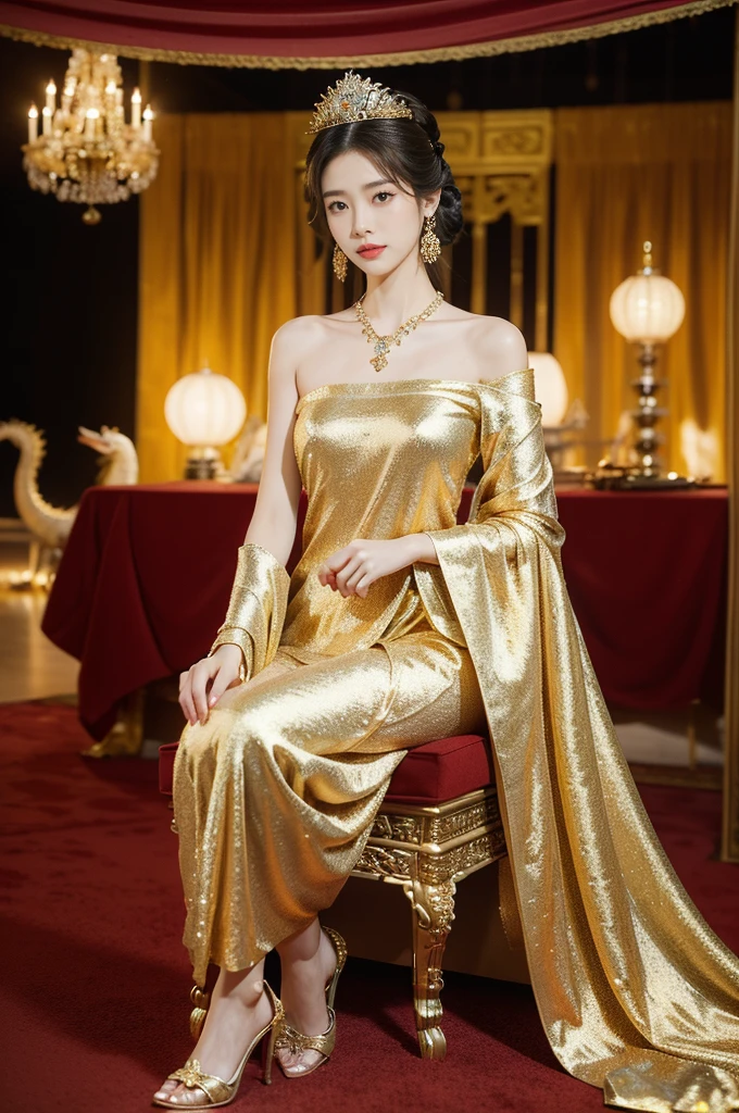 (((best quality))),(((ultra detailed))),(((masterpiece))),illustration,1 girl,solo,slim,thin,shoulder length straight bob hair,earrings,necklace,small breasts,flat chest,slender legs,high heels,Asian appearance,princess,royal,Chinese palace,night scene,magnificent dragon gown,golden crown,intricate embroidery,luxurious fabric,precious stones,(sitting on the metallic throne:1.3),decorative patterns,rich decorations,luxurious furnishings,regal charm,beautiful face,gentle smile,bright eyes,historical,traditional,city lights,modernity,frozen moment,beauty of the past,evolution of time,from front,full body,arms behind back