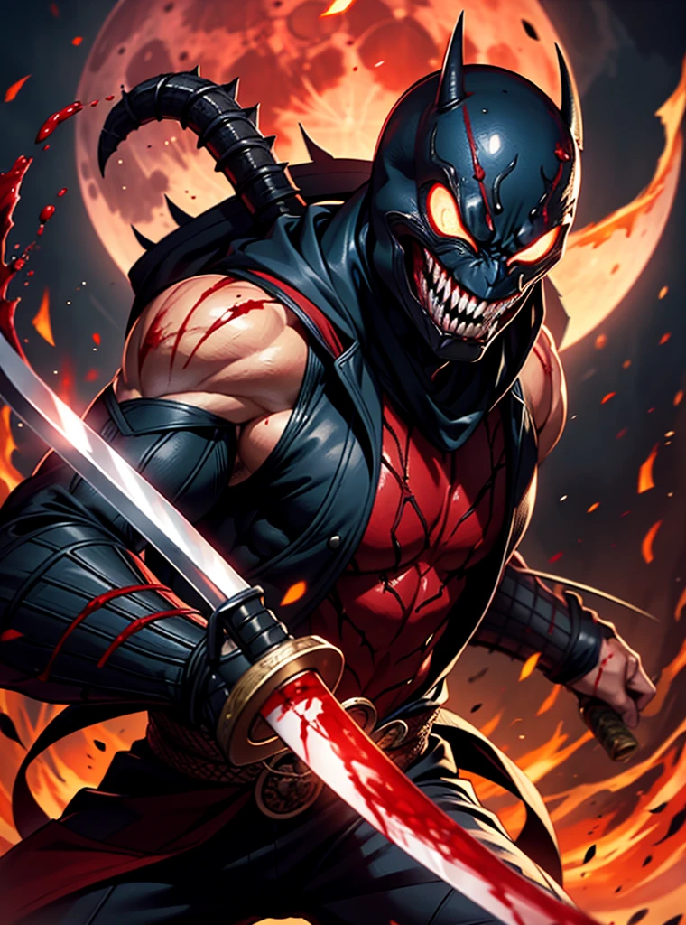 Venom spawn samurai,oni face mask venom teeth,realistic, glowing red eyes,blood moon background, holding a bag katana,in attack position, ultra hd,