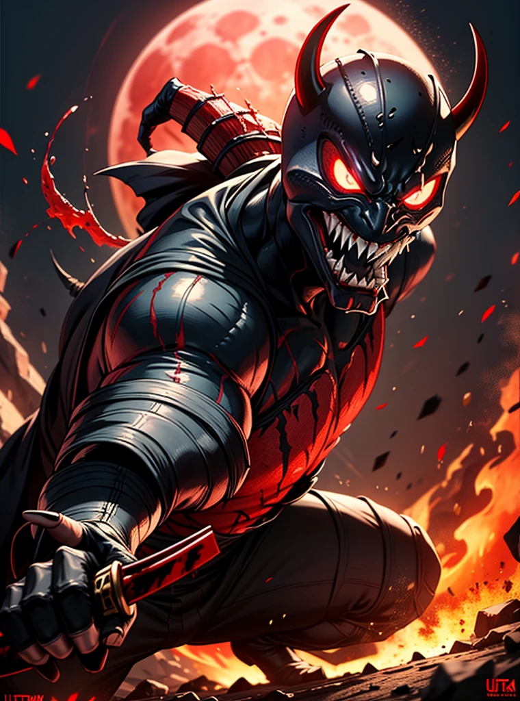 Venom spawn samurai,oni face mask venom teeth,realistic, glowing red eyes,blood moon background, holding a bag katana,in attack position, ultra hd,