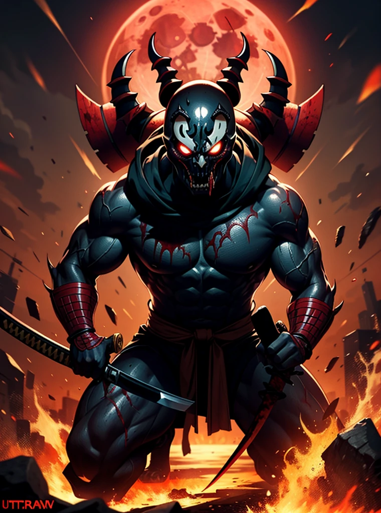 Venom spawn samurai,oni face mask venom teeth,realistic, glowing red eyes,blood moon background, holding a bag katana,in attack position, ultra hd,