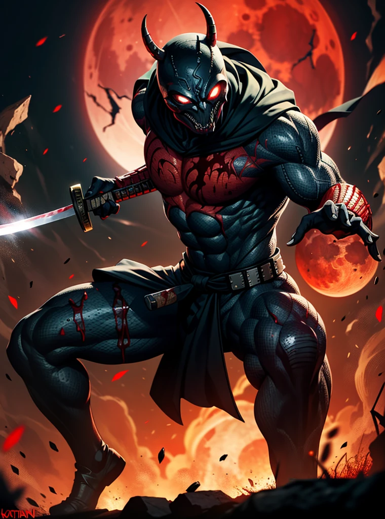 Venom spawn samurai,oni face mask venom teeth,realistic, glowing red eyes,blood moon background, holding a bag katana,in attack position, ultra hd,