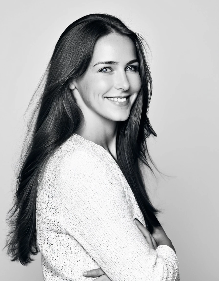  black and white  photoshoot of stefannie joosten posing in profile. Long straight hair falling freely. Her expression is joyful with a wide smile. The background is completely white, Her arms are crossed over her chest, creating a dynamic and expressive pose. The image conveys freedom, confidence, and joy.attletic,blue eyes, Brunette,1girl,stefaniejoosten