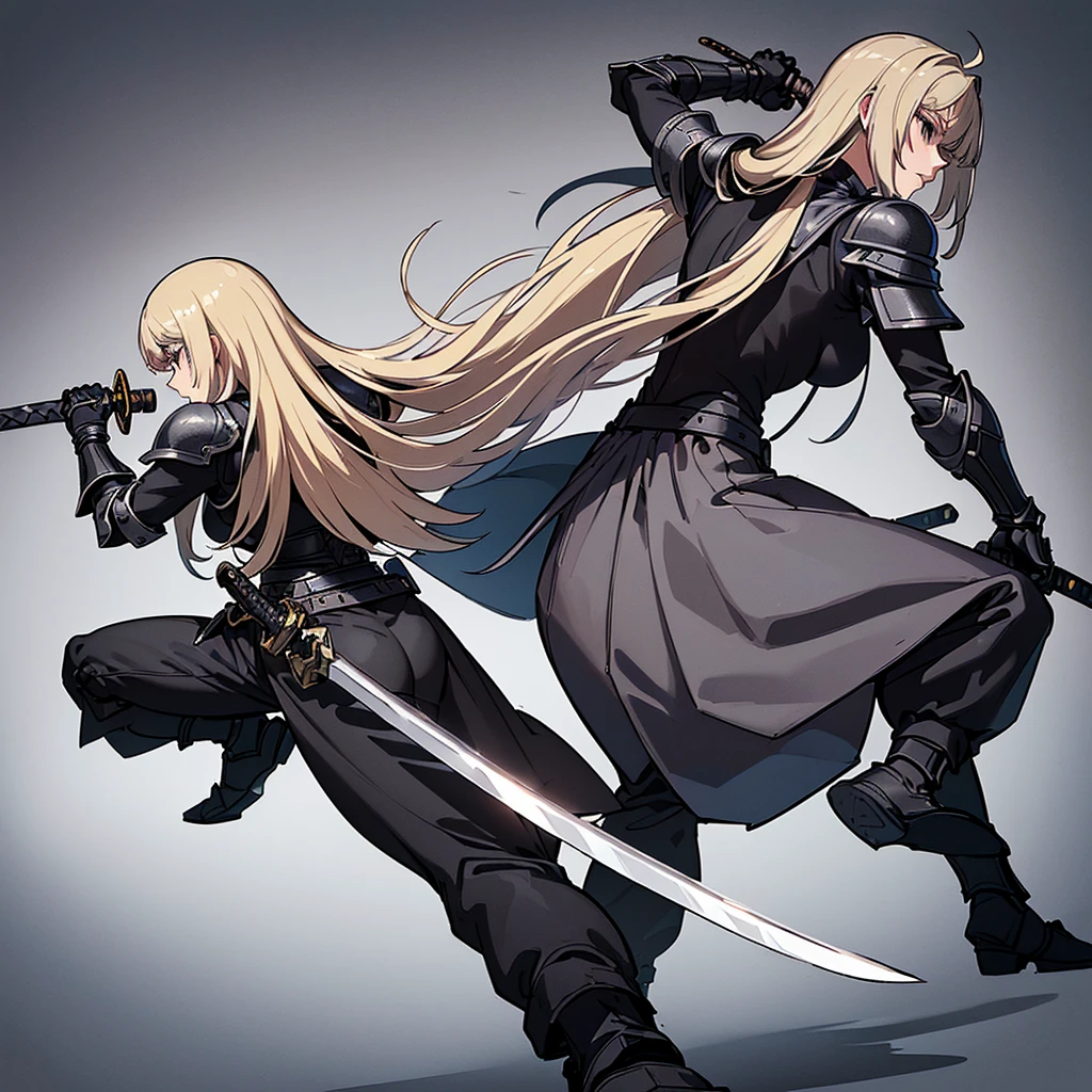 (Full body character concept)、(((Solo)))、Highest quality, Best Quality、8K、Best illustrations、(Full body character concept、detailed)、(((Gray simple armor、Black trousers、Black gloves))、(woman、18-year-old)、(Blonde、Long Hair)、(((Grab the sword)))、(Fighting stance,)、Dramatic Angle、(White background)、(From the back、Back view)