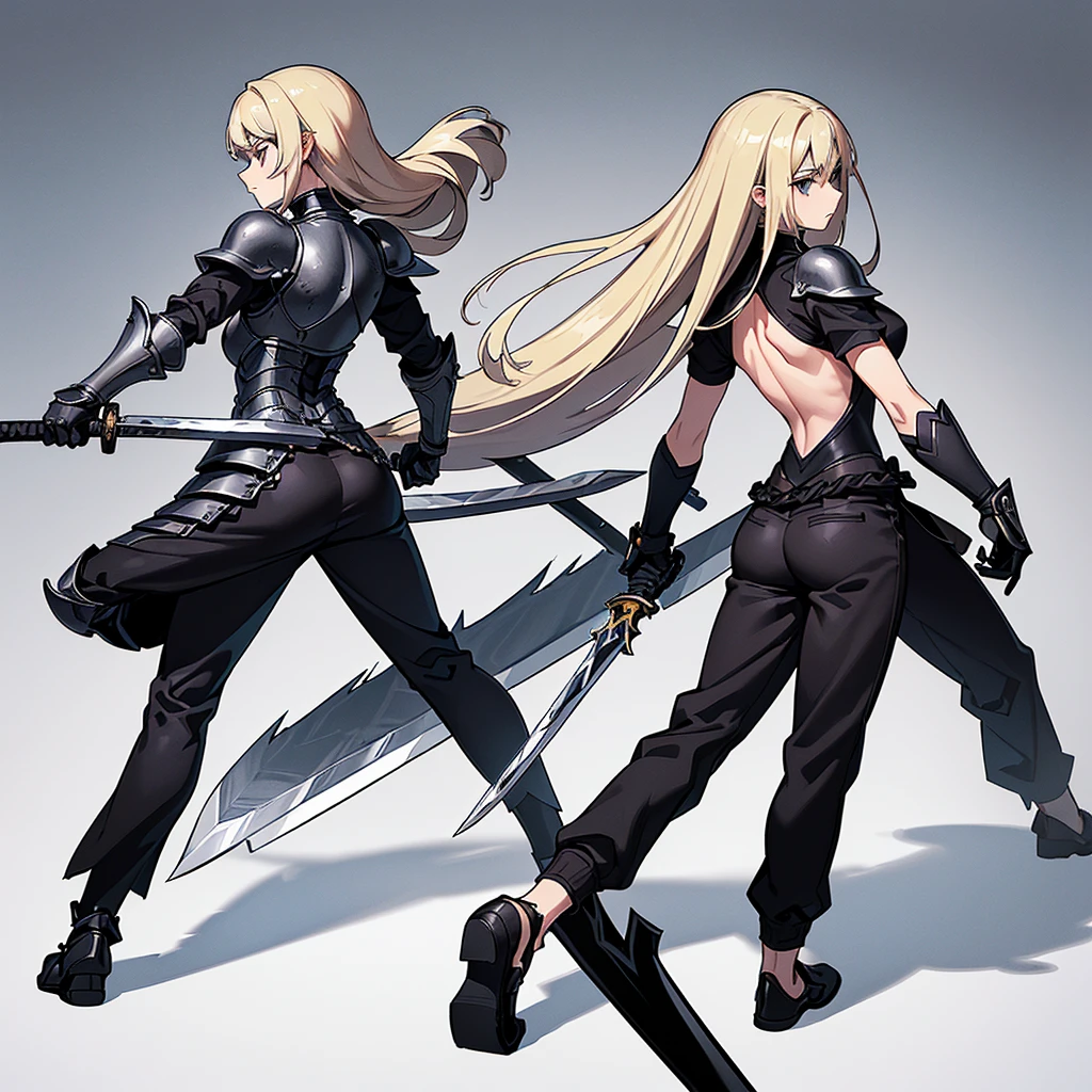 (Full body character concept)、(((Solo)))、Highest quality, Best Quality、8K、Best illustrations、(Full body character concept、detailed)、(((Gray simple armor、Black trousers、Black gloves))、(woman、18-year-old)、(Blonde、Long Hair)、(((Grab the sword)))、(Fighting stance,)、Dramatic Angle、(White background)、(From the back、Back view)