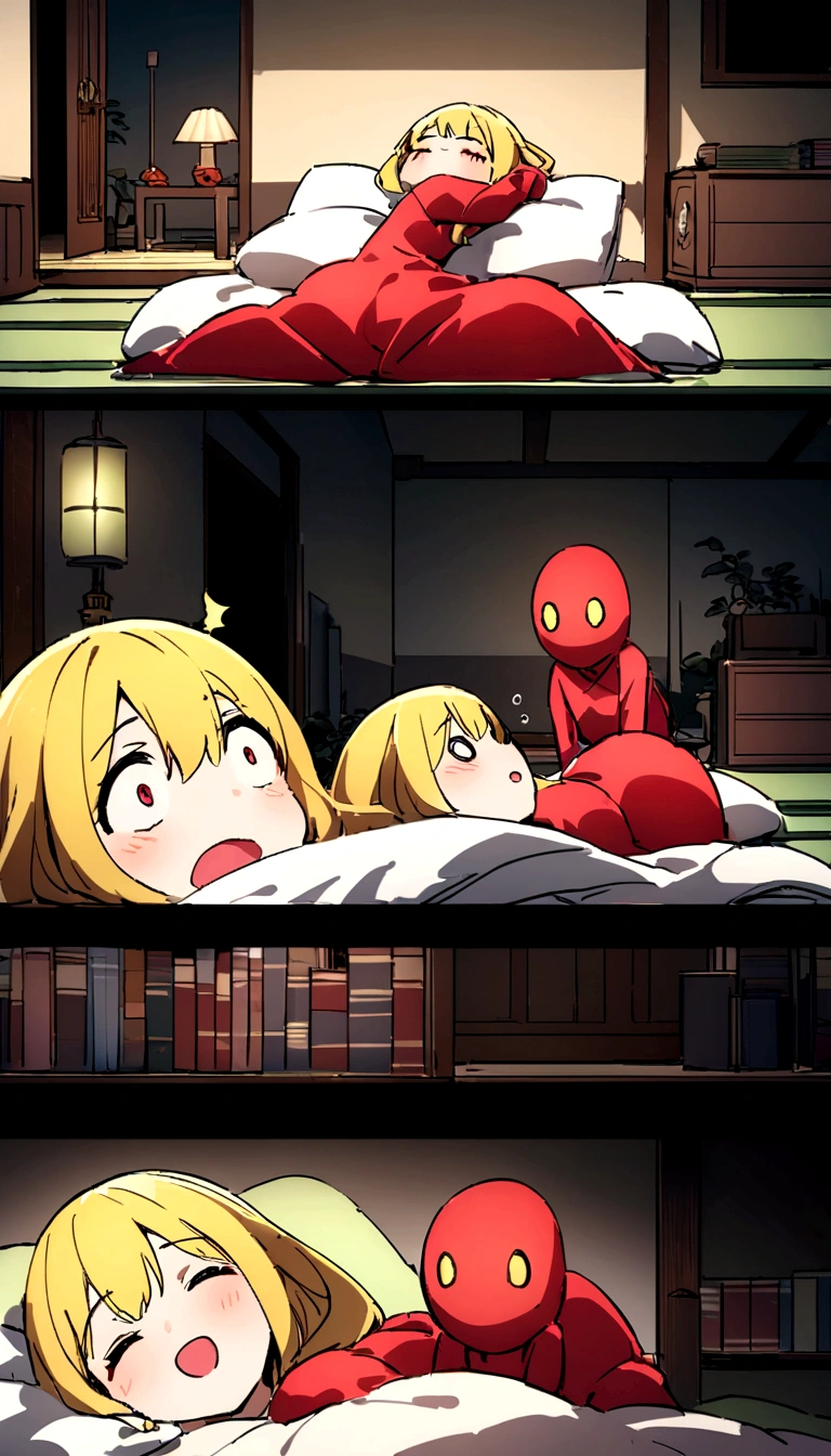 Book monster「Pillow return」Please draw a scene of someone flipping over someone&#39;s pillow in the middle of the night.。Pillow returnは、With a small red body、It has long yellow hair。He sneaks into the human&#39;s bedroom、Lifting the pillow of a sleeping person。The sleeping person has a surprised expression。The background is dark、A futon is laid out on the tatami in a Japanese-style bedroom。Create an overall scary atmosphere。
