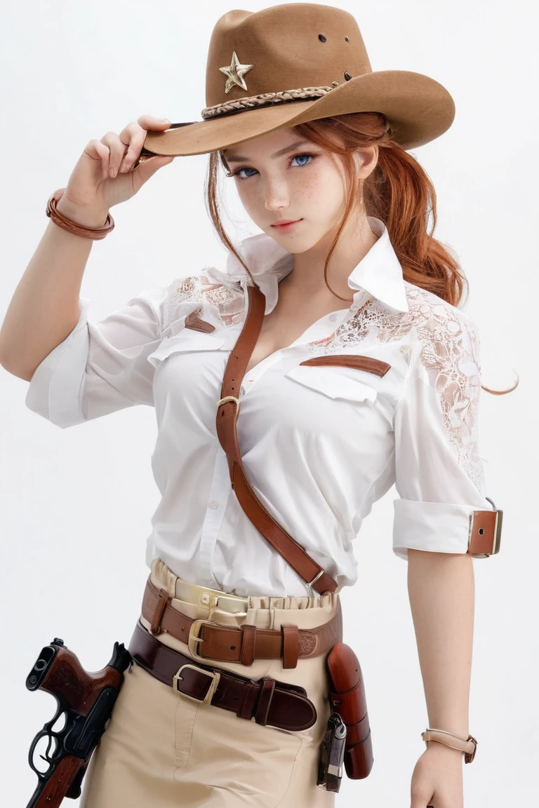 (((NSFW:1.8))),(((Nude:1.8))),score_9, score_8_superior, score_7_superior, とてもbeautiful, sauce_anime, detailed, high quality, beautiful, masterpiece, detailed eyes,((White monochrome background)),((Alluring face:1.2)) Hat Adjustment,Redhead, ponytail, blue eyes, freckles, Side Lock,Watch on wrist,(((brown gun belt:1.5))),Cowboy hat, Cowboy boots, PDXL ,((Full Body Shot:1.8)),((Drunk:1.5))