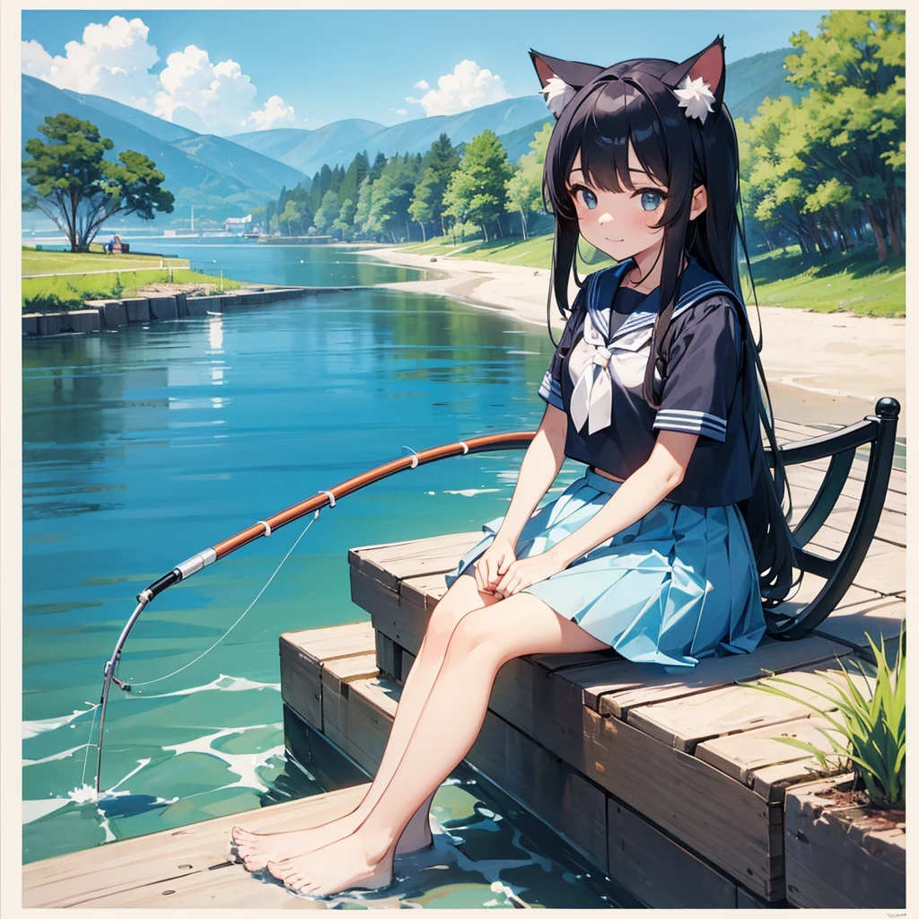 A girl with cat ears is sitting on the bank and fishing, looks fun, Ocean, blue sky, Have a fishing rod, cat, serafuku,