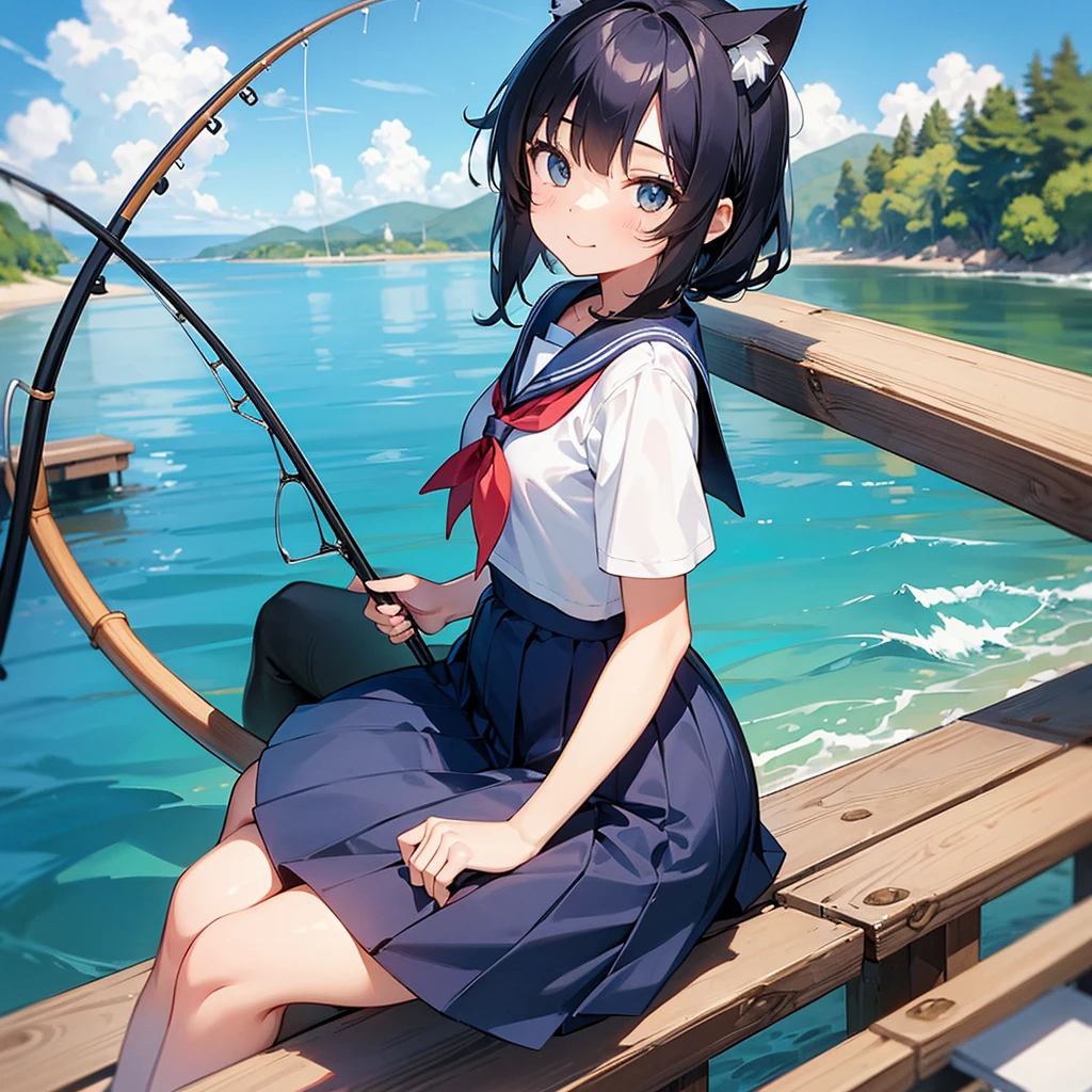 A girl with cat ears is sitting on the bank and fishing, looks fun, Ocean, blue sky, Have a fishing rod, cat, serafuku, 