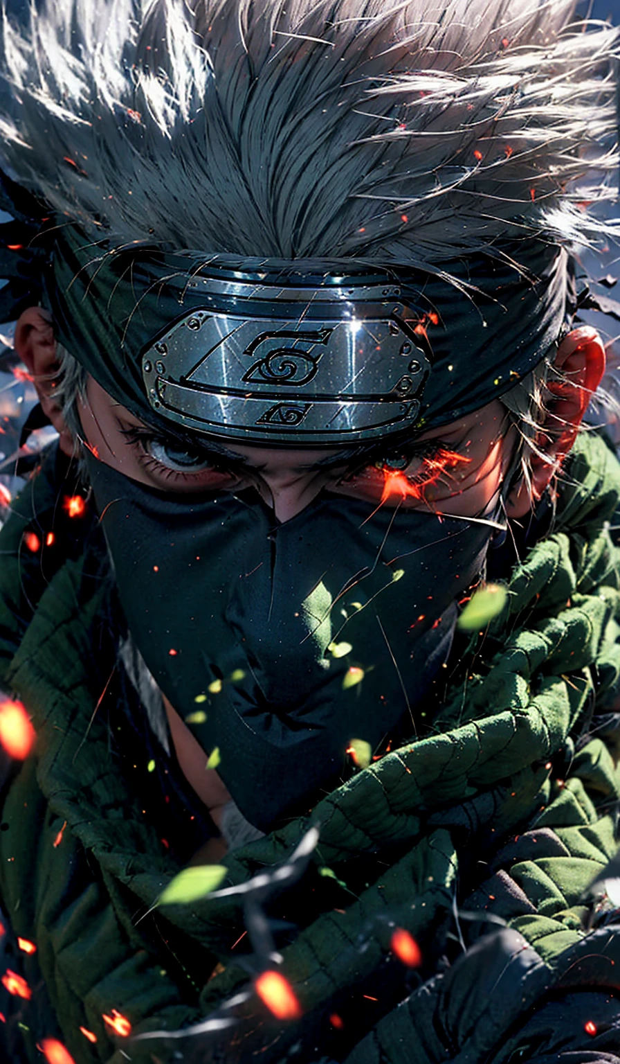 Kakashi Hatake in Naruto shippuden, score_9, score_8_up,source_anime, 1boy, grey hair, covered mouth, mouth mask, red eye, scar across eye, forehead protector, gloves, 1 konoha leaf symbol head band, mature, green vest, pants,solo, looking at viewer, angry, standing, anime screencap, anime coloring, (dramatic, gritty, intense:1.4),masterpiece, best quality, 8k, insane details, intricate details, hyperdetailed, hyper quality, high detail, ultra detailed, Masterpiece,(white hair:1.2), right eye is closed by mask,  holographic reality, motion blur, game light effect, full length shot, 3D artist, detailed, futuristic, lightning