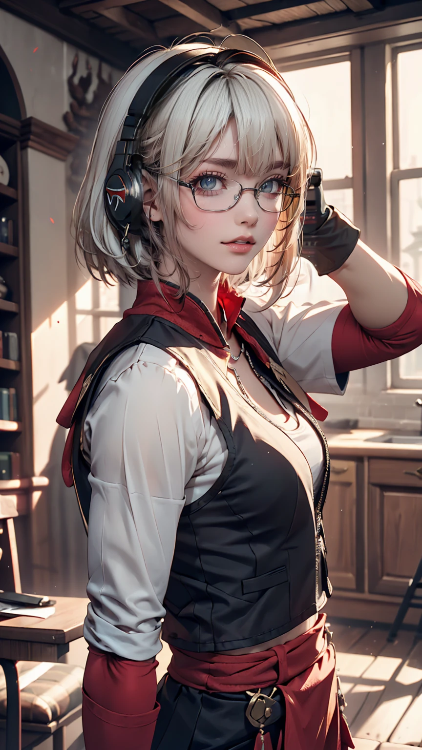 masterpiece , girl, On the battlefield, ( Light white short hair:1.2), (Red eyes:1.2), (Russian military uniforms:1.2), (View your viewers:1.2) , (8K, 最high quality 1.2), Super detailed, 8K Ultra HD, Soft lighting, high quality, Film Grain, Beautiful lighting, Cinematic ,Perfect body , Best lighting, Best Shadow, Sharpness, Contrast, Red glasses, Messy Hair, Tactical Vest, gloves, headset, Absurd high definition faces