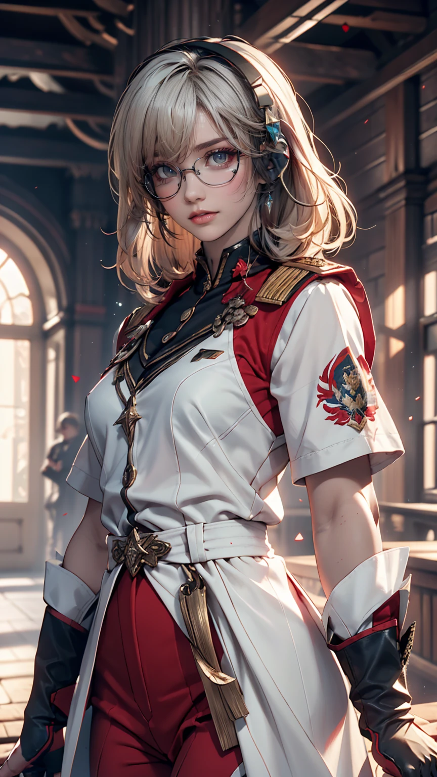 masterpiece , girl, On the battlefield, ( Light white short hair:1.2), (Red eyes:1.2), (Russian military uniforms:1.2), (View your viewers:1.2) , (8K, 最high quality 1.2), Super detailed, 8K Ultra HD, Soft lighting, high quality, Film Grain, Beautiful lighting, Cinematic ,Perfect body , Best lighting, Best Shadow, Sharpness, Contrast, Red glasses, Messy Hair, Tactical Vest, gloves, headset, Absurd high definition faces