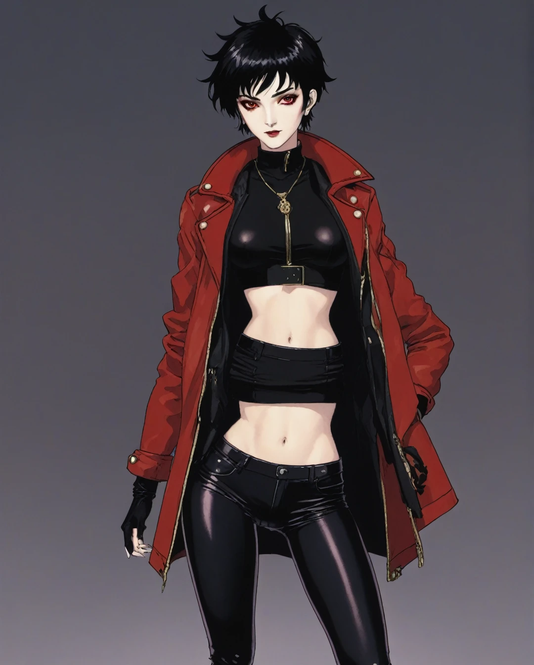 amano yoshitaka, a full-body, high-resolution anime style of A woman with black pixie cut hair, dressed in black tights, black boots, black crop top, and red leather jacket