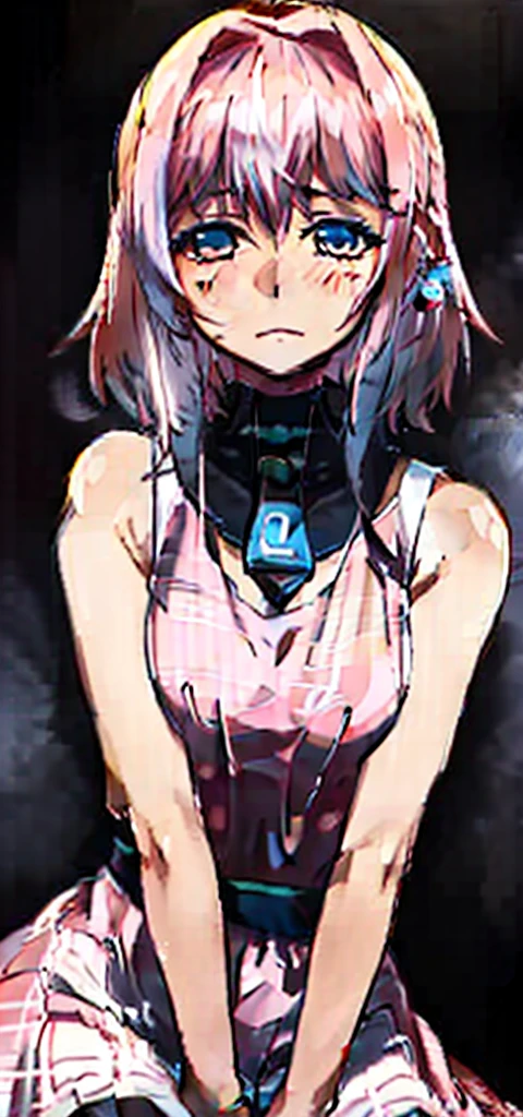 1 girl, kanon kanase, , blush, medium breasts, sleeveless,((stylish outfit,pink dress)), sitting, 20-year-old, healthy skin. Upper_body. Mugshot.