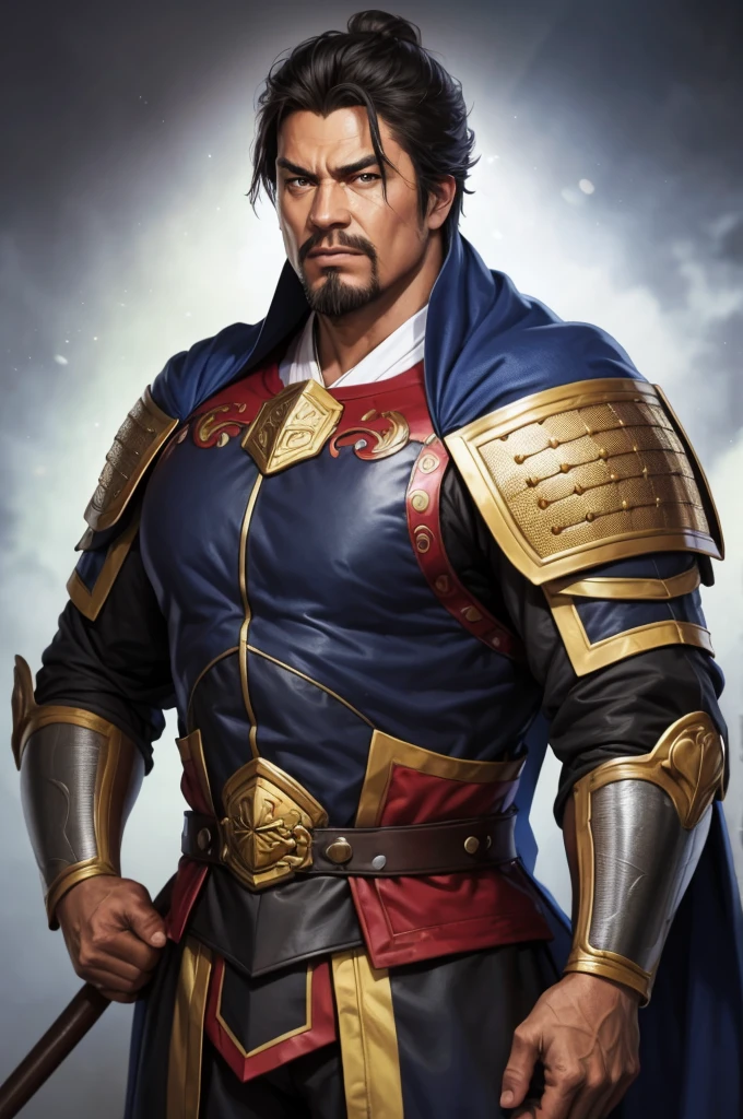 8K,middle aged man,oriental armor(The elaborately crafted coat of arms of a nobleman),ultra high resolution,surreal,realistic skin,Black hair short hair,big black eyes,clear eye description, muscular body,waist armor,delicate hands, Perfect hand shape, character art, action pose,masterpiece,Realistic RAW photos of the highest quality,bright colors,rich colors, backlight, movie lights, film grain,50mm lens