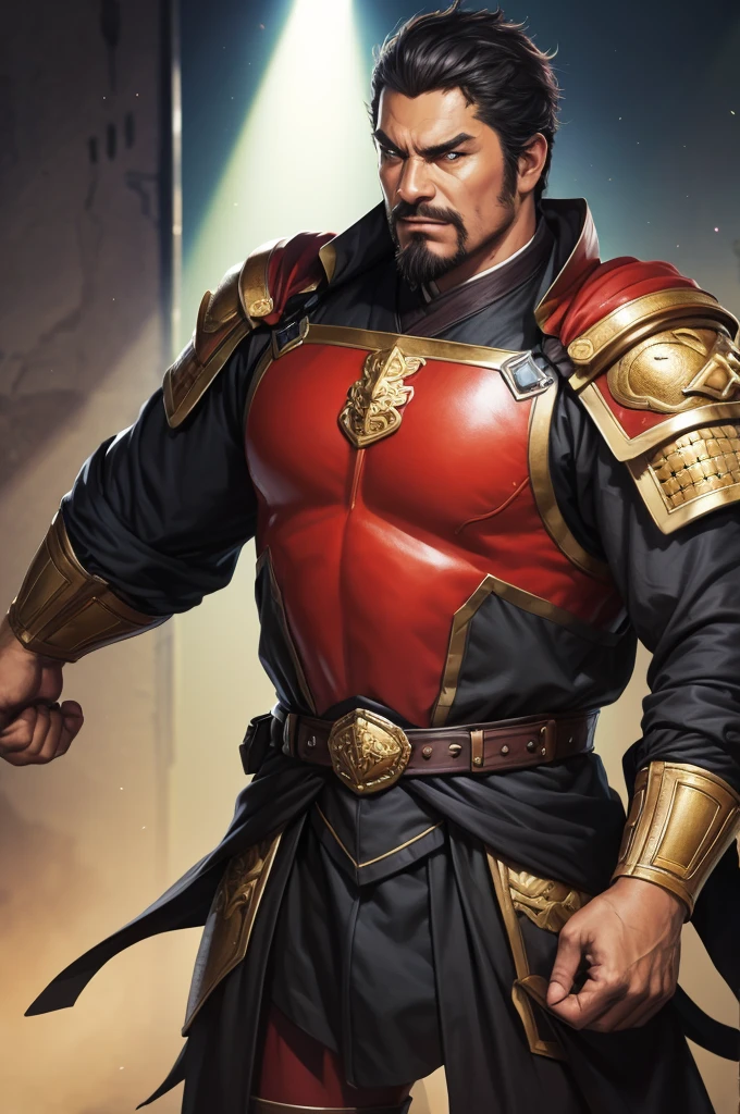 8K,middle aged man,oriental armor(The elaborately crafted coat of arms of a nobleman),ultra high resolution,surreal,realistic skin,Black hair short hair,big black eyes,clear eye description, muscular body,waist armor,delicate hands, Perfect hand shape, character art, action pose,masterpiece,Realistic RAW photos of the highest quality,bright colors,rich colors, backlight, movie lights, film grain,50mm lens