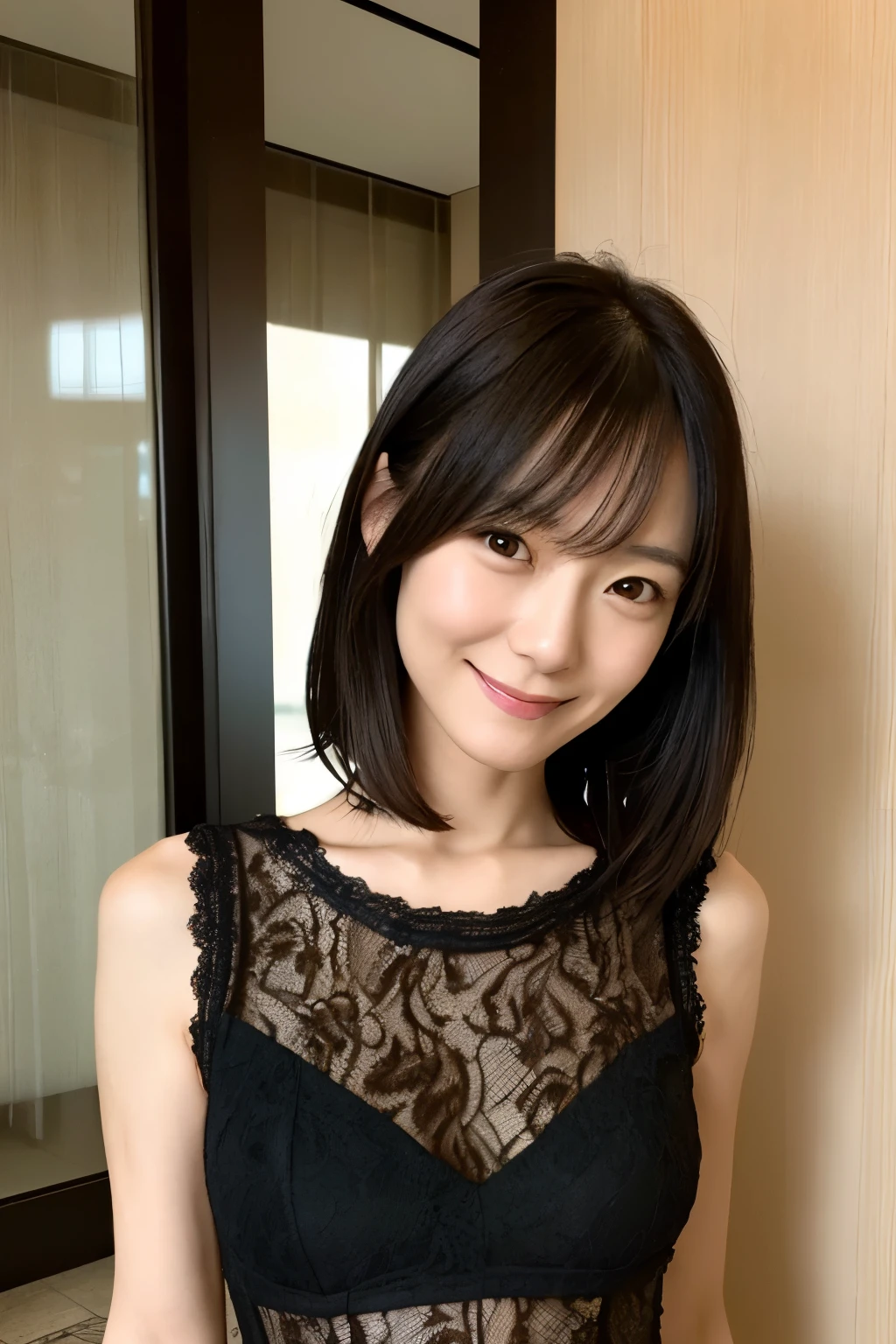 A skinny Japanese woman, {30|40} years old, 1girl, cute face, slight smile, ((detailed face, detailed eyes)), black {short|long} hair, medium breasts, very thin waist, correct human body structure, See-through lace mini dress, standing in a hotel lobby, (full body photo),