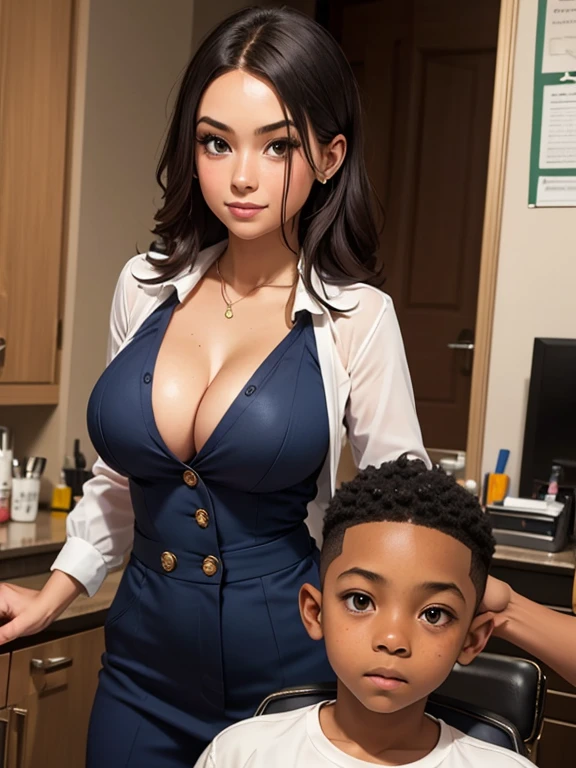 The photo shows a busty woman and an elementary school boy at the barber's、A boy sits in a barber's chair at the barber's、(A woman is wearing a barber's uniform and cutting a boy's hair)、Barber woman's gentle smile、Boy looking at woman's breasts、Fine facial features、Beautiful Eyes、Long eyelashes、high quality、Real、Photorealistic、8K、masterpiece、Cinematic lighting、Bright colors、Very detailed、Intricate details、Dramatic composition、emotional expression、Beautiful rendering、extraordinary artistry, wtrcolor style