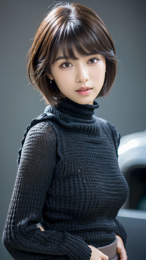 (detailed face),((crotch)),normal breasts,pretty,sleeveless and turtle neck black Knitted clothes,4k ,super high resolution ,(photo-realistic: 1.7),gray background,short hair,bangs,plane note,