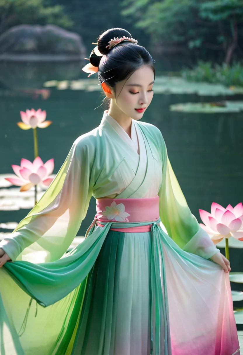 夏日Lotus仙子,Lotus,Chiffon Hanfu,Pink Green Gradient Skirt,Water spirit skin,Skin details,Lotus上的水滴,Double bun head,Little Girl,Ancient costume beauty,头饰是Lotus