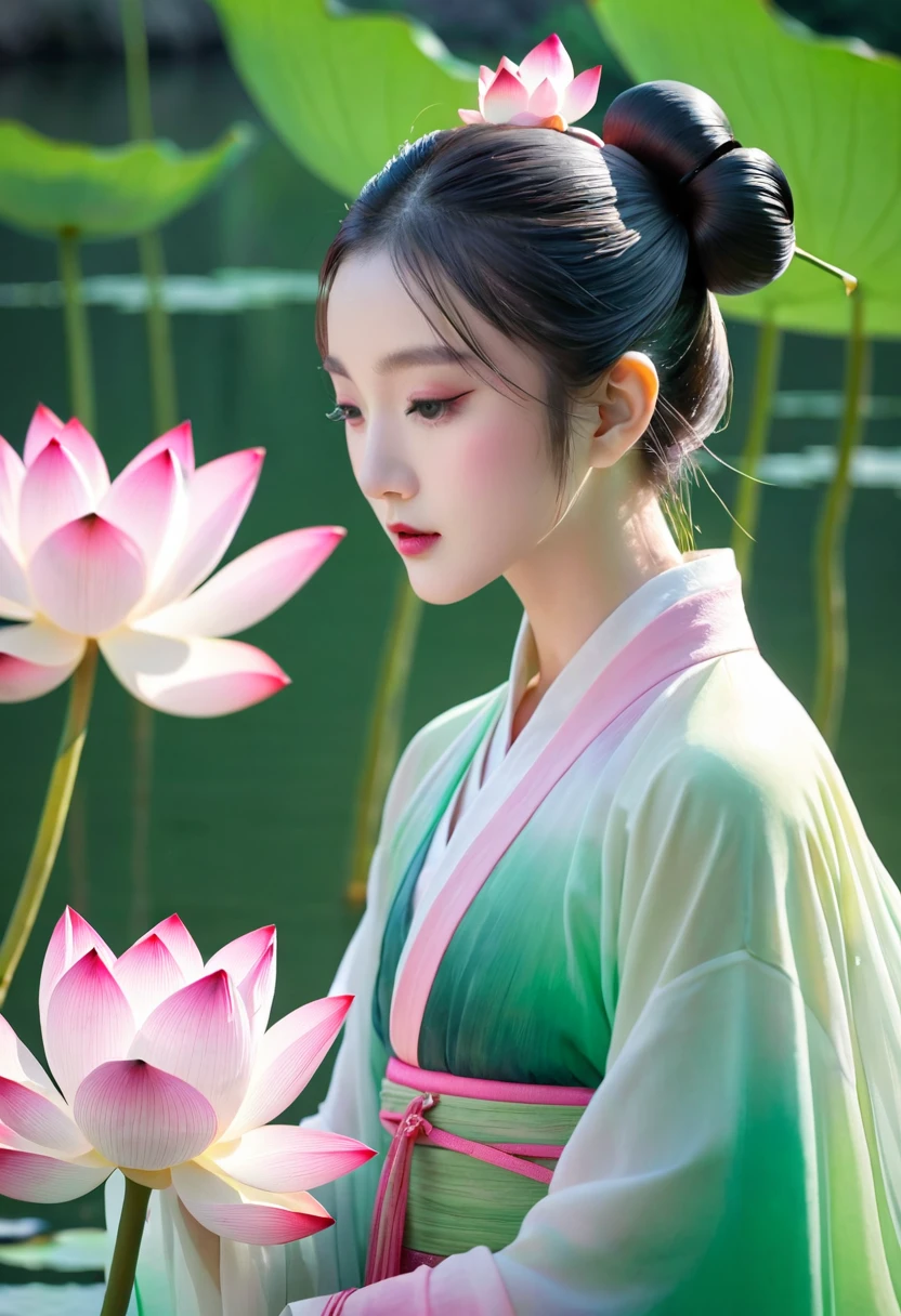 夏日Lotus仙子,Lotus,Chiffon Hanfu,Pink Green Gradient Skirt,Water spirit skin,Skin details,Lotus上的水滴,Double bun head,Little Girl,Ancient costume beauty,头饰是Lotus