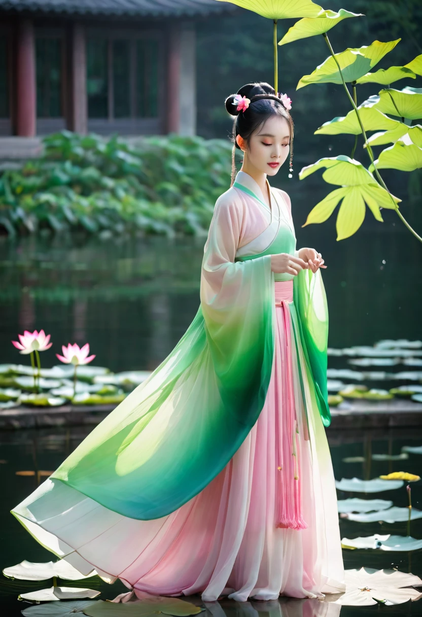 夏日Lotus仙子,Lotus,Chiffon Hanfu,Pink Green Gradient Skirt,Water spirit skin,Skin details,Lotus上的水滴,Double bun head,,Ancient costume beauty,头饰是Lotus
