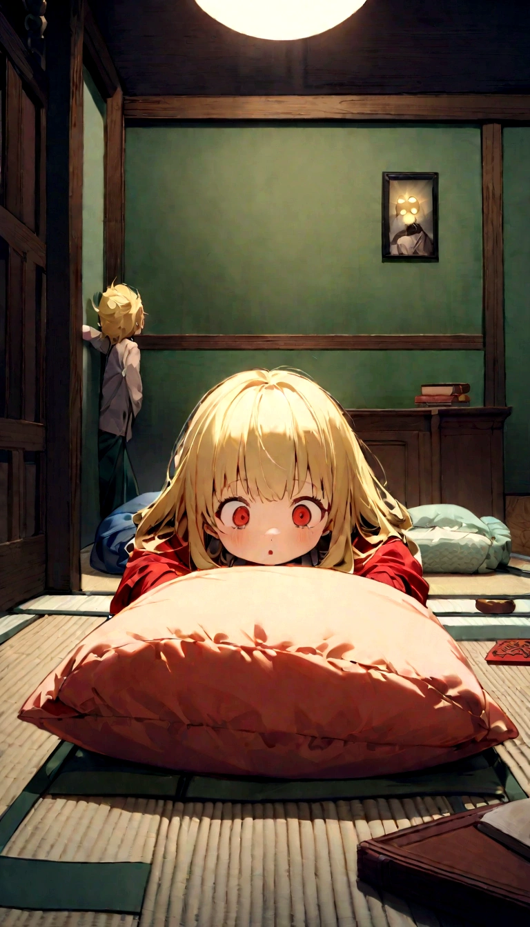 Book monster「Pillow return」Please draw a scene of someone flipping over someone's pillow in the middle of the night.。Pillow returnは、With a small red body、It has long yellow hair。He sneaks into the human's bedroom、Lifting the pillow of a sleeping person。The sleeping person has a surprised expression。The background is dark、A futon is laid out on the tatami in a Japanese-style bedroom。Create an overall scary atmosphere。