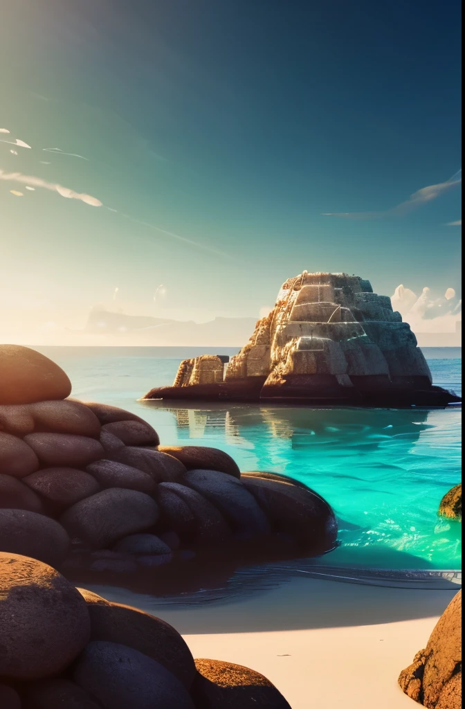 a view of a beach with rocks and water in the middle, by Mike Winkelmann, by Mike "Beeple" Winkelmann, realism | beeple, beeple |, wide angle fantasy art, beeple and mike winkelmann, by Beeple, by Martin Deschambault, surrealism!!!!! concept art
