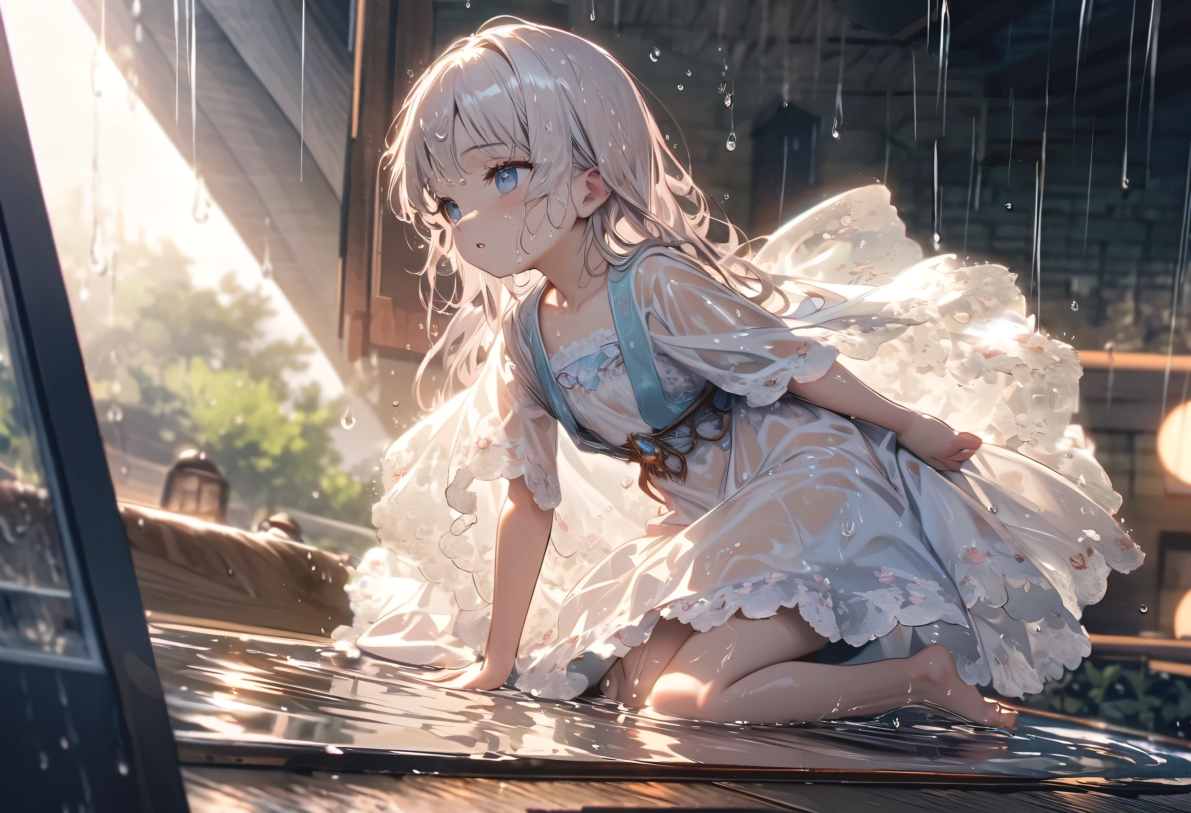 (full body), (solo), (A 7-year-old girl:1.2), (very young little girl), loli, (Solo), (small breast), (wide angle), raw photo, Aesthetic, Convoluted, Awarded, chiaroscuro, Best Quality, Detailed background, (Misty atmosphere:1.2), (hard rainy day:1.1),((Girl in very long white hanfu dress:1.2)), large white silk dress, long white hanfu with a silk texture, best wrinkles, real wrinkles, best shadows, (wet, wet body, wet hair, wet skin, very wet white dress, reflection on the wet dress, delicate cherry blossom embroidery, subtle water droplets:1.15), (water spray:1.1), The rain pours down in a silver curtain, enveloping the scene in a soft, shimmering glow. The little girl, a vision of purity, is clad in a gorgeous white long skirt, the fabric now soaked through, clinging to her form like a second skin. The once crisp and airy material is now heavy with rain, its transparency revealing the contours of her body as she moves. Her hair, dark against the white of her skirt, falls in wet strands, framing her face like a frame to a portrait. The rain has painted her with a natural beauty, the droplets catching on her lashes, her cheeks flushed with the coolness of the rain. Barefoot, she dances on the rain-kissed earth, her feet leaving imprints in the damp soil. Each step is a whisper, a secret shared between her and the sacred ground beneath her. The earth responds, the scent of wet earth rising to meet the rain's fresh scent. Her white skirt, now translucent with the rain, flows with her movements, the hem fluttering like wings as she spins. The fabric catches the light, casting a soft glow around her, as if she is dancing within a halo of moonlight. The raindrops fall in rhythm with her dance, each drop a note in the symphony of the moment. The sound of rain on leaves, the soft patter on the ground, they all blend into a harmonious melody, accompanying her silent song.