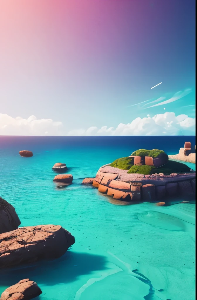 a view of a beach with rocks and water in the middle, by Mike Winkelmann, by Mike "Beeple" Winkelmann, realism | beeple, beeple |, wide angle fantasy art, beeple and mike winkelmann, by Beeple, by Martin Deschambault, surrealism!!!!! concept art