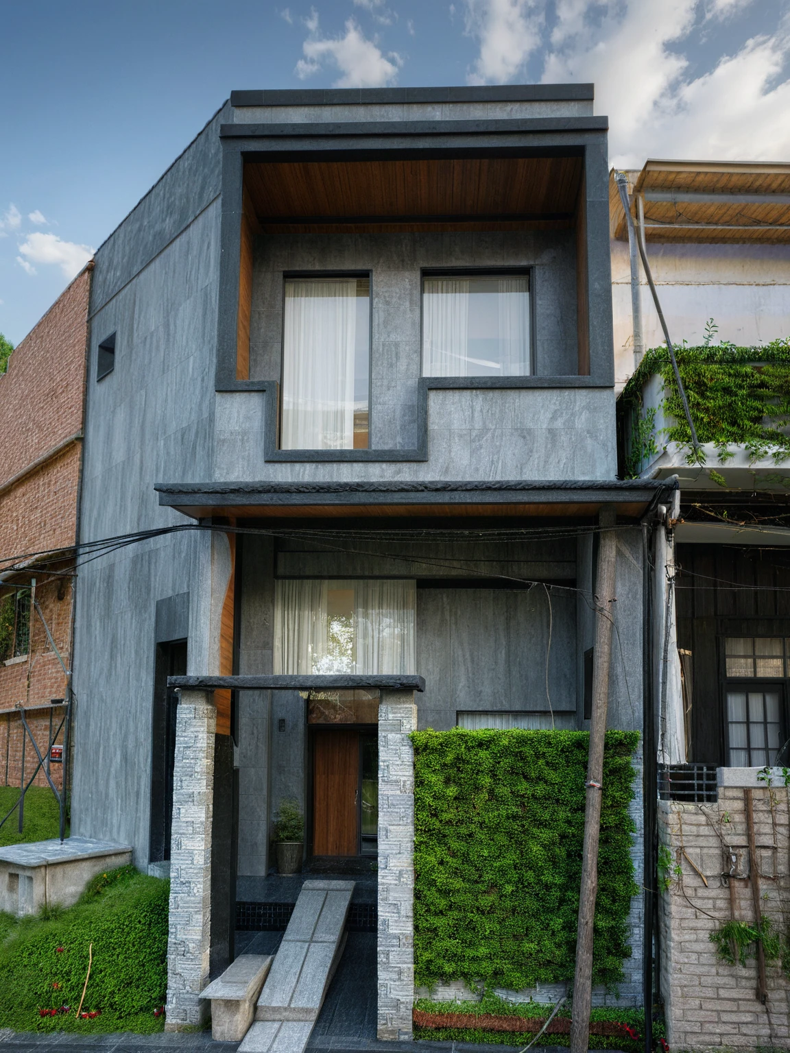 modern villa on street, (daylight), tropical tree, (slope roof, black tiled roof:1.2), vivid color, streetcapes, nice sky, grey tone, large glass door, warm interior lighting, modern material, best quality, ultra realistic, masterpiece, 17ArchiAI_XL_VL-v1
