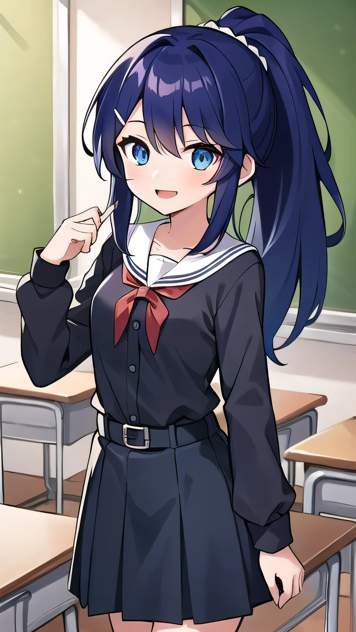 Blue-purple hair, dark blue eyes, long hair, ponytail, hairpin, ,small breasts，long-sleeved , classroom, middle school student, 14 years old, short, round eyes, sparkling eyes, owns a mobile game console, confident, a little laughing