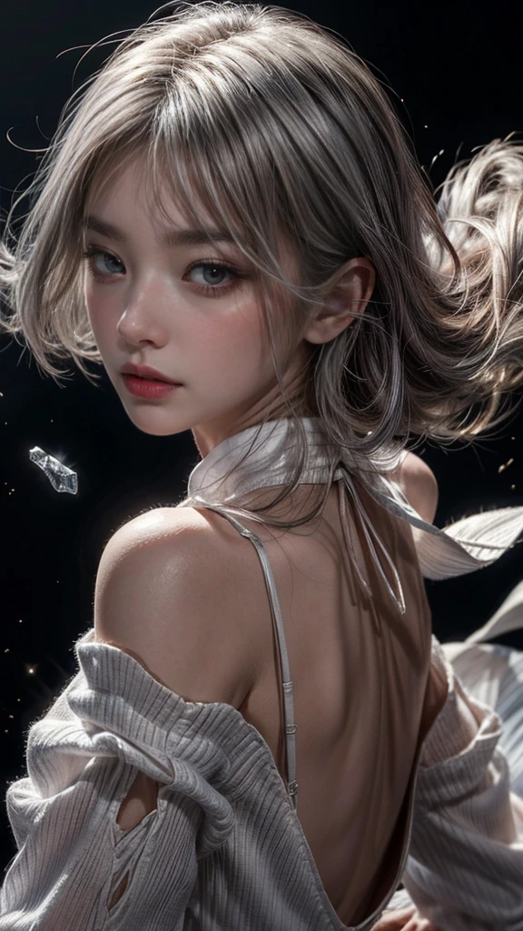 silver hair、(masterpiece, Highest quality, Highest, official art, beautiful and aesthetic, exposed for a long time: 1.2), smooth movement, attractive pattern, 1 girl, (long dress with sleeves: 1.3), (((white clothes) )), Upper body close-up, bare shoulders, chinese girl, blush, gold eyes , black lob hair, portrait, alone, Upper body, observe the observer, detailed background, detailed face, (crystal AI, crystal theme:1.1), Wind goblin, Rotating wind, control the wind, White crystal clothes, dynamic pose, suspended particles, ether dynamics, whirlwind, vapour, whirlwind in the background, white tone, whirlwind, great atmosphere,silver hair、goblin、round face