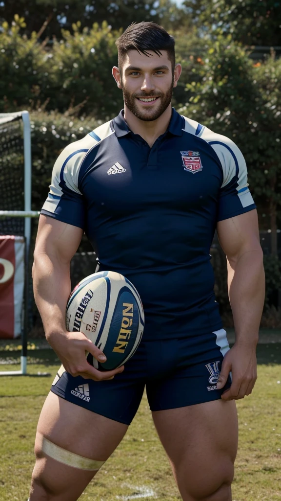 1 pale man rugby player ,Full body, rugby player, sport tight pants, holding his package, rugby esportive uniform, Black wavy short hair fade , nice big eyes, shaved 30yo man with large smile, large detailed lips, hard light, wearing team rugby uniform, muscular chest, long legs, staring at camera, arm tribal tattoo, Wide shoulders, infinite background, colorful uniform, vivid colors.