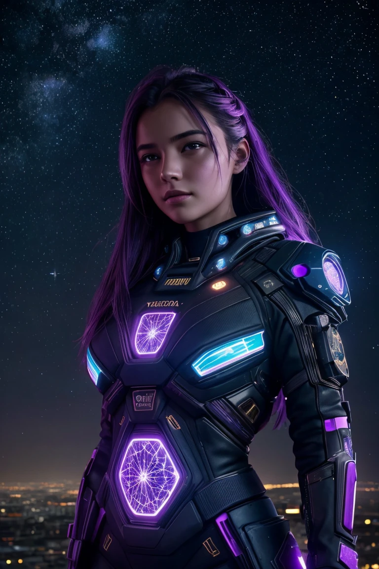 A beautiful girl under a starry night sky, the constellations of the zodiac visible as if they were vibrant nebulae in shades of purple, a vast cosmic expanse surrounding her, in the distant background a cyberpunk city skyline at the bottom of the frame, cinematic lighting, highly detailed, photorealistic, 8k, masterpiece